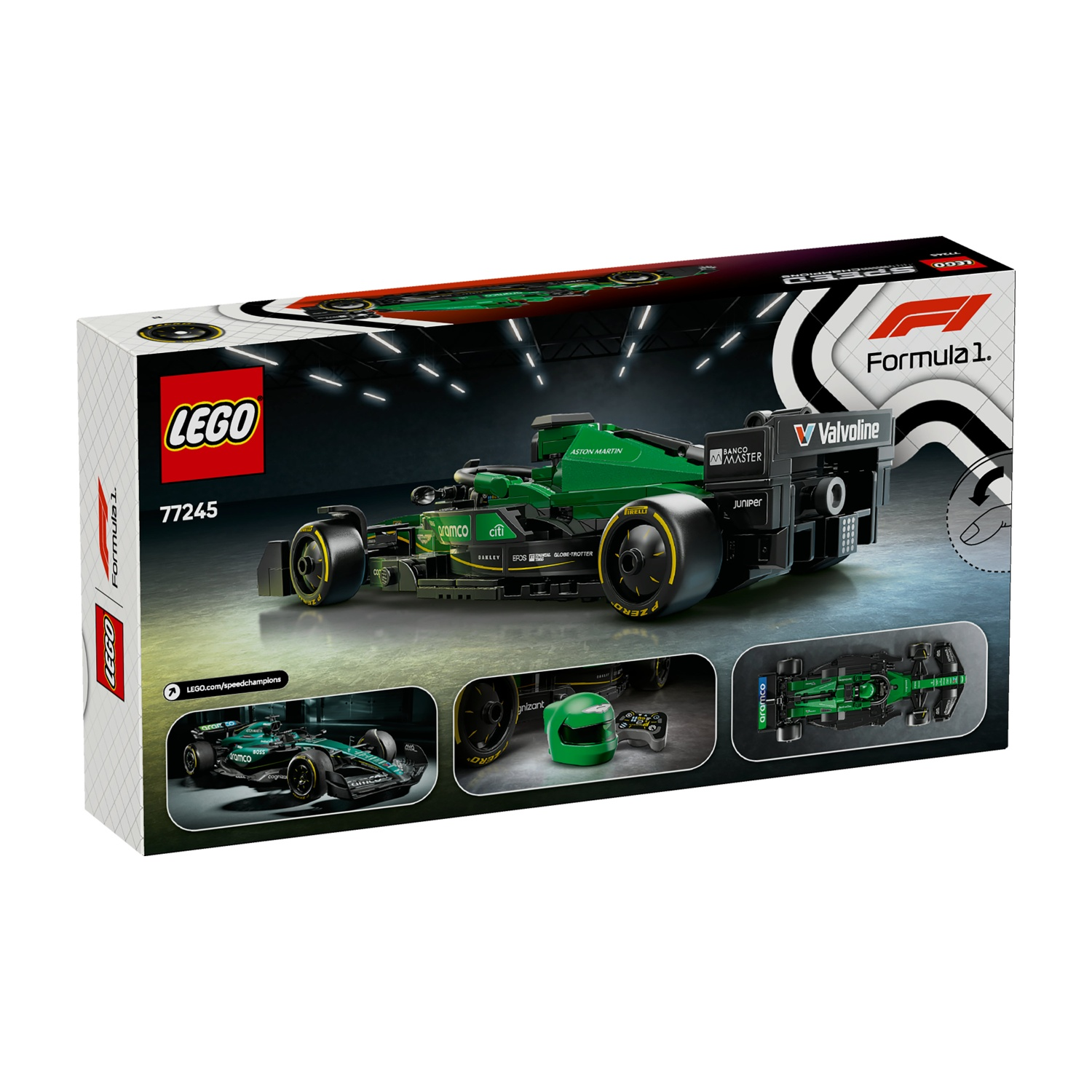 Una scatola Lego mostra un modello di auto Aston Martin F1 verde. La scatola include immagini dell'auto, di un casco e del logo Formula 1.