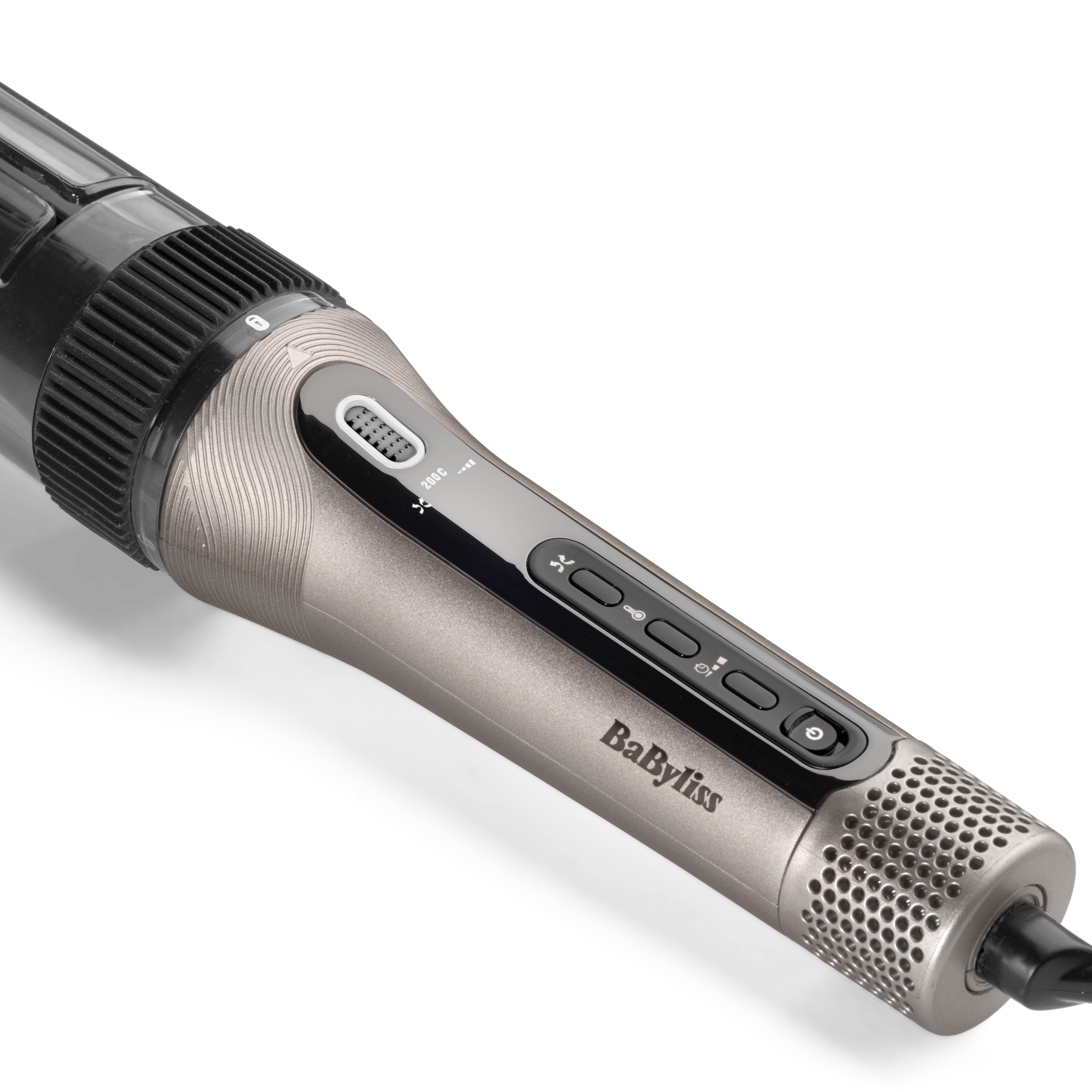 Ein roségoldenes und schwarzes Haarstyling-Tool. Es hat Knöpfe, ein Rad und das Babyliss-Logo. Schwarzer Hintergrund.