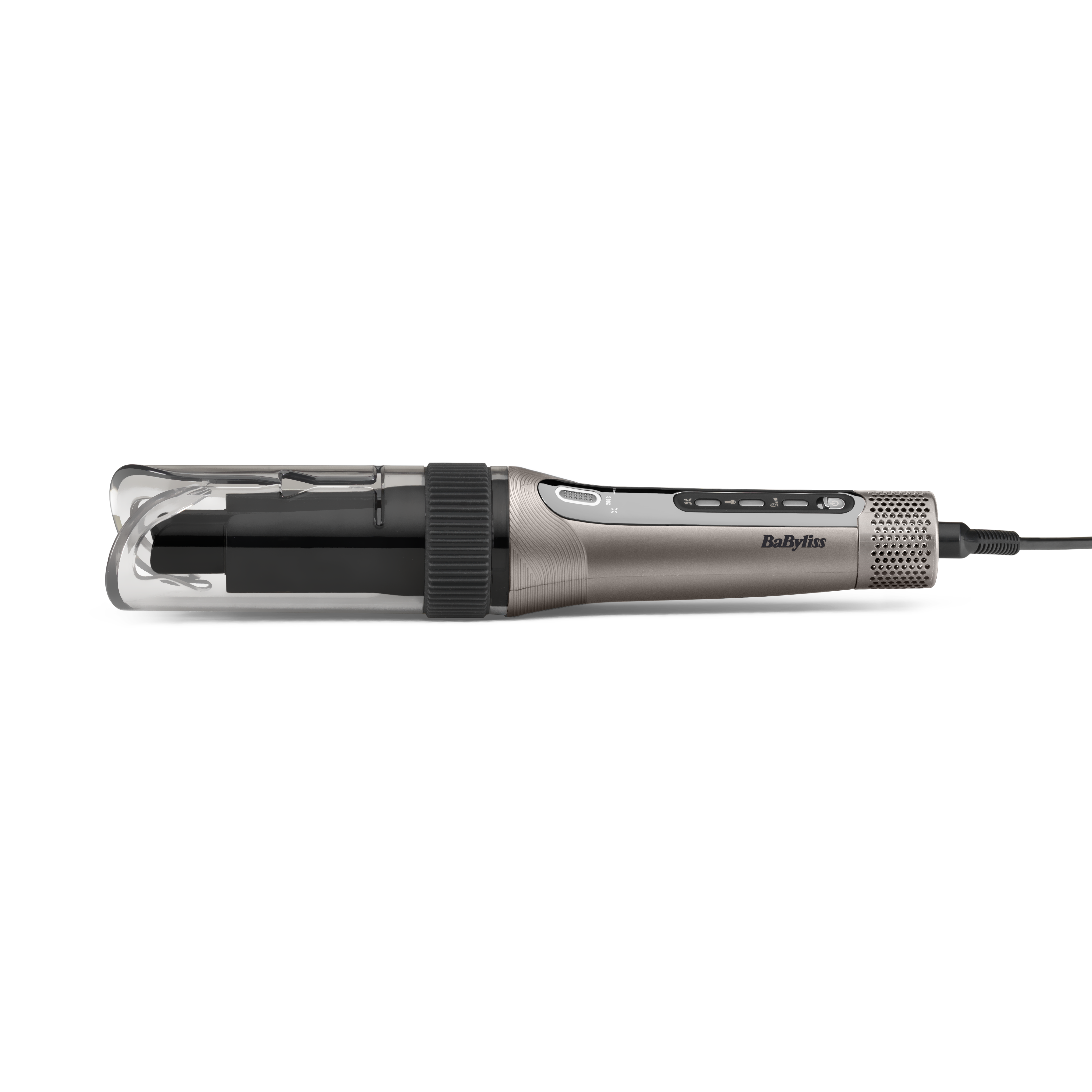 Ein BaByliss-Haarstyler auf schwarzem Hintergrund. Es ist ein silbernes und graues Gerät mit einem durchsichtigen Kunststoffende.