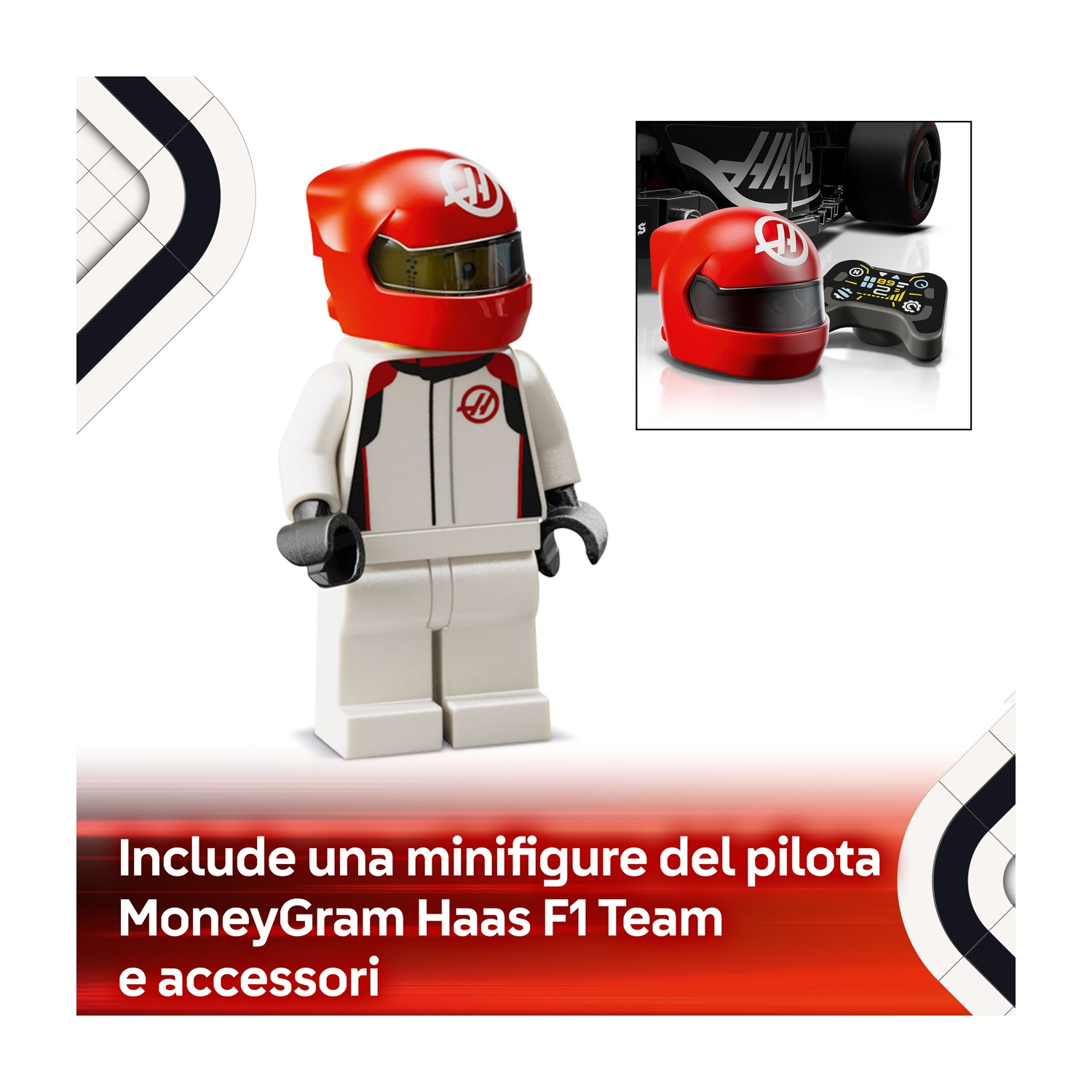 Una figura Lego in tuta da corsa bianca e casco rosso. Un piccolo riquadro mostra il casco, l'auto da corsa e il telecomando.