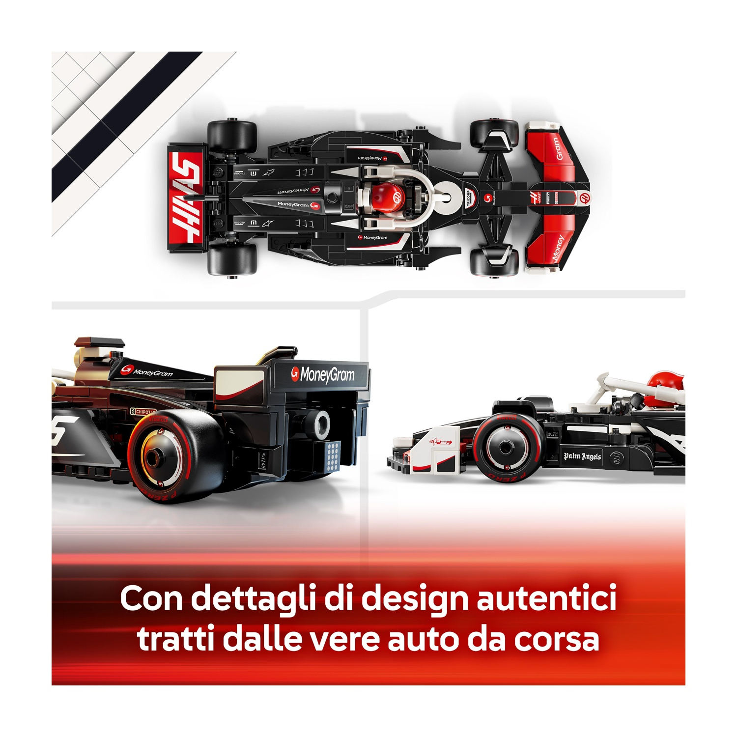 L'immagine mostra un modello di auto da corsa nero e rosso da più angolazioni, con testo 'MoneyGram' e 'HAAS'. Include sfondo bianco.