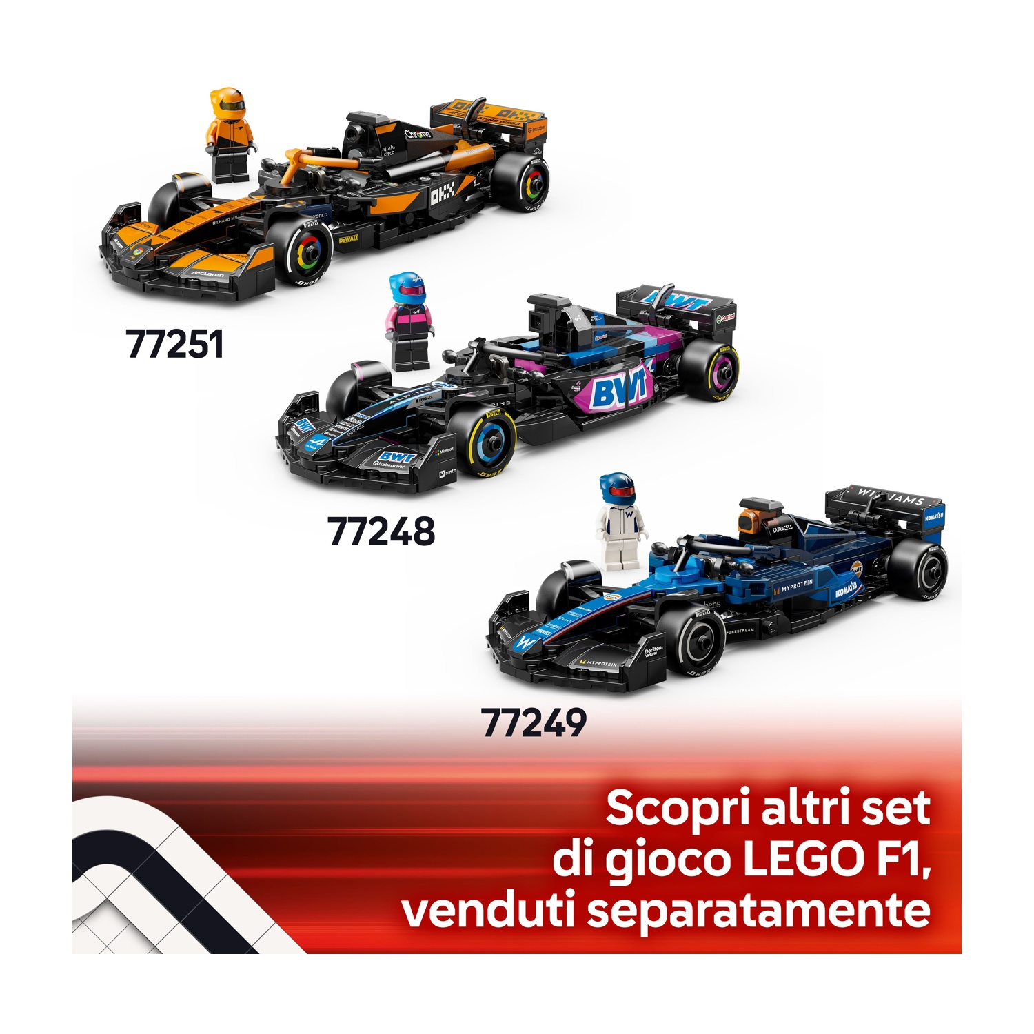 Tre auto da corsa Lego F1 arancioni, nere e blu con minifigure. Il testo in basso promuove i set Lego F1.