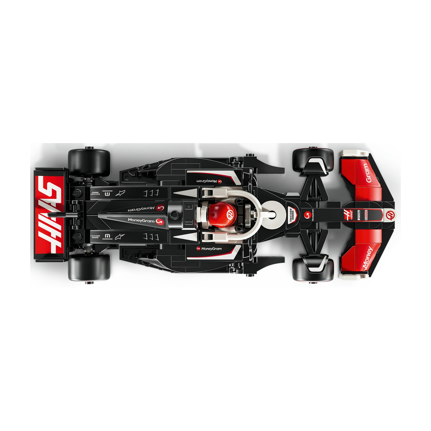 Vista dall'alto di una macchina di Formula 1 Lego nera e rossa. Ha i loghi degli sponsor e la parola "Money" sull'ala anteriore.