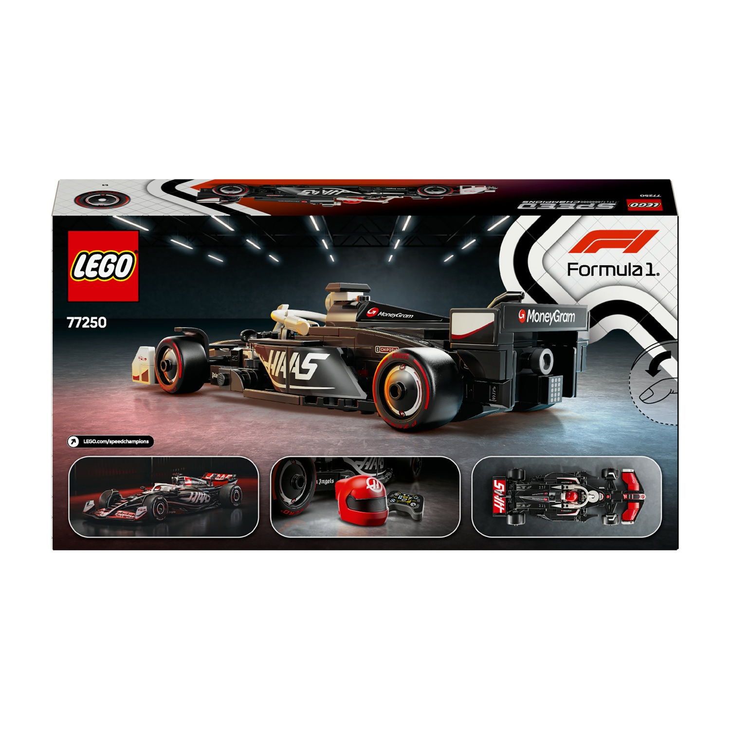 Un set scatola Lego. Un'auto di Formula 1 nera è il soggetto principale con dettagli in bianco e rosso. La scatola è nera con il logo Lego.