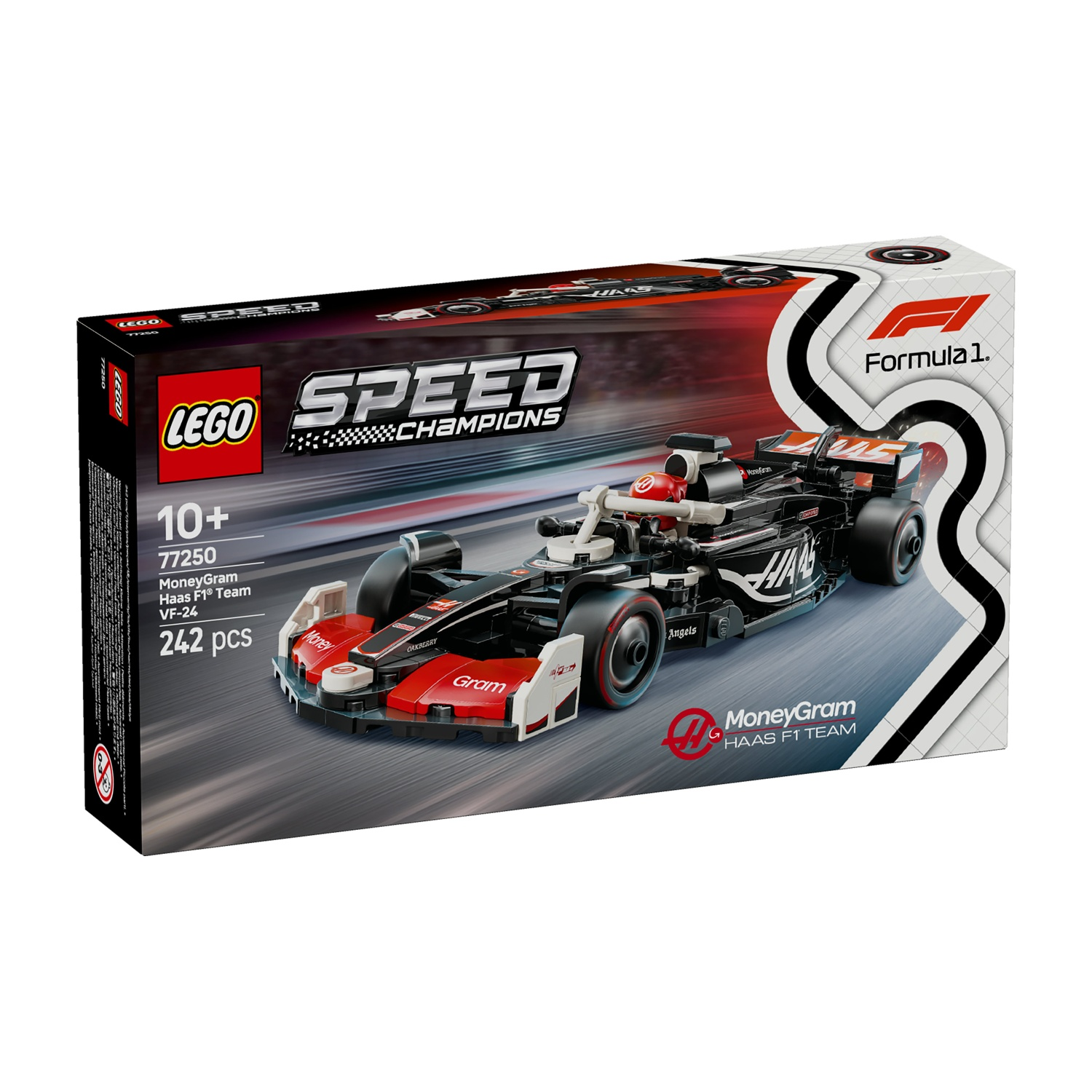 Una scatola del set Lego Speed Champions. Il set è un'auto MoneyGram Haas F1 Team VF-24. La scatola mostra l'auto su una pista.