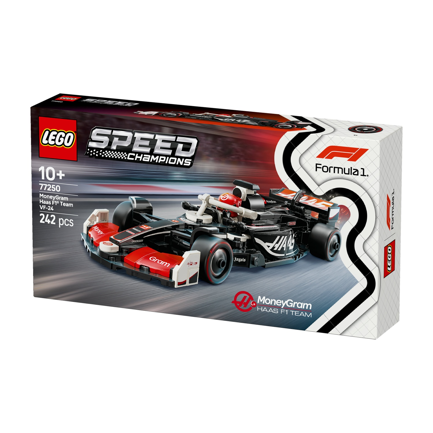 Una scatola Lego Speed Champions mostra un'auto F1 nera e rossa. La scatola mostra l'auto e il logo Lego. Dettagli includono 'MoneyGram'.