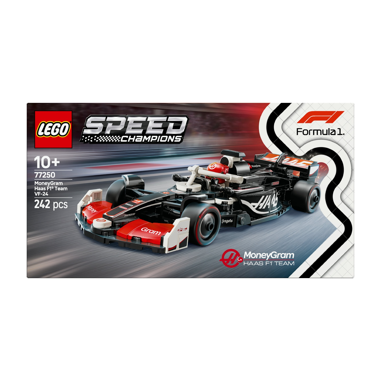 Un set Lego Speed Champions della vettura MoneyGram Haas F1 Team VF-24. La scatola mostra l'auto in pista, con loghi e marchi.