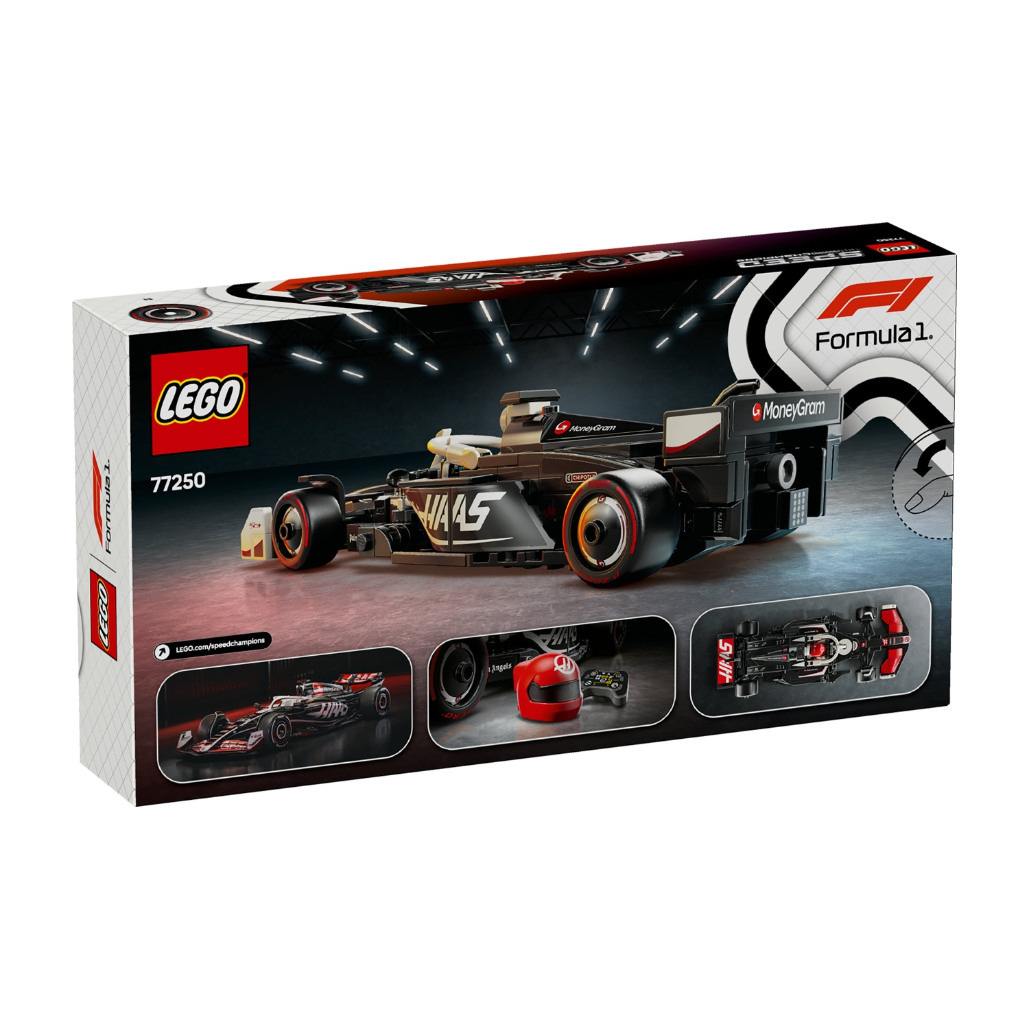 Scatola del set Lego Formula 1. Presenta un modello di auto da corsa in bianco e nero e altri elementi a tema corse. Loghi LEGO e MoneyGram.