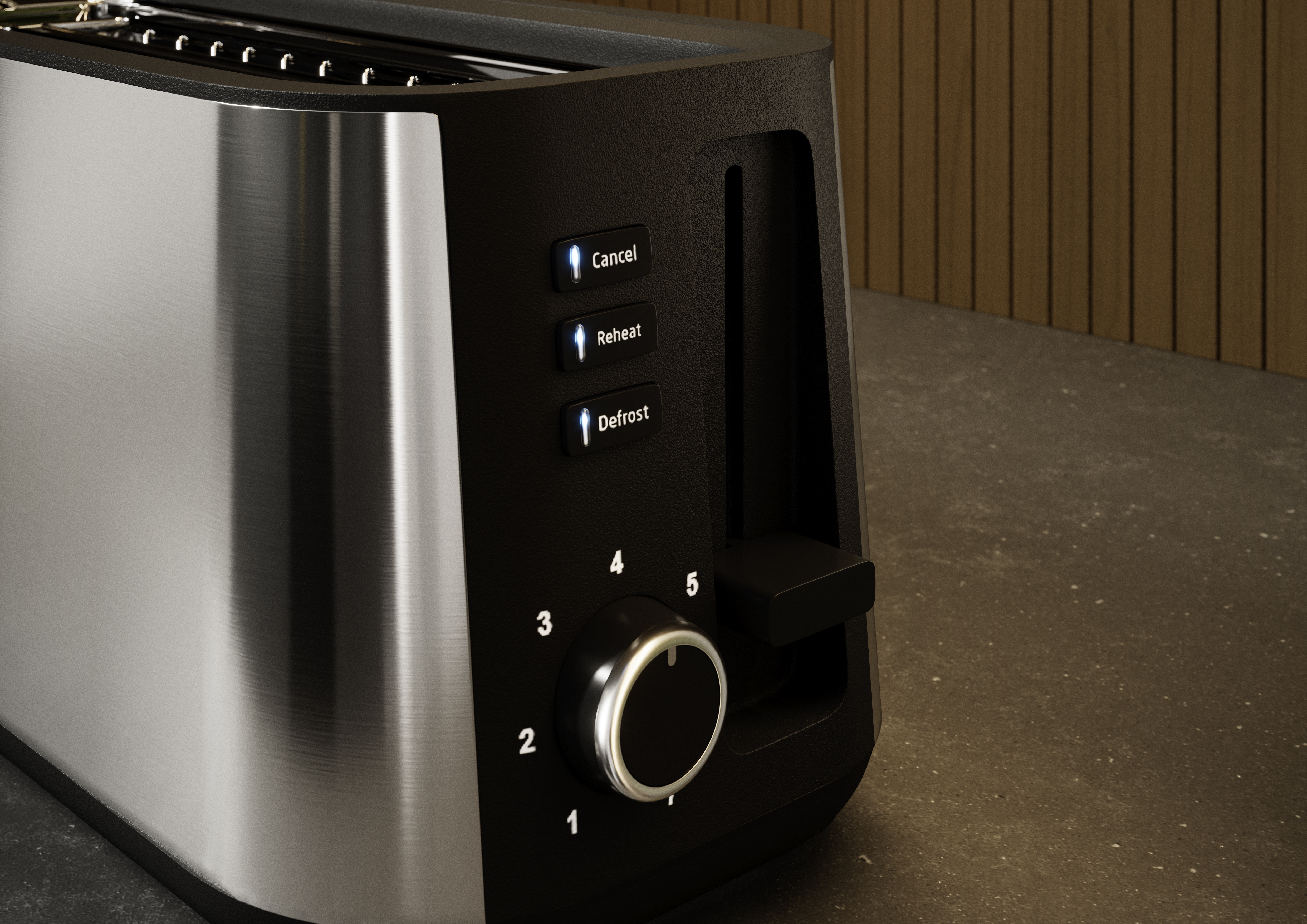 Toster ze stali nierdzewnej z czarnymi akcentami. Posiada przyciski sterujące i pokrętło. Tło z panelami drewnianymi.