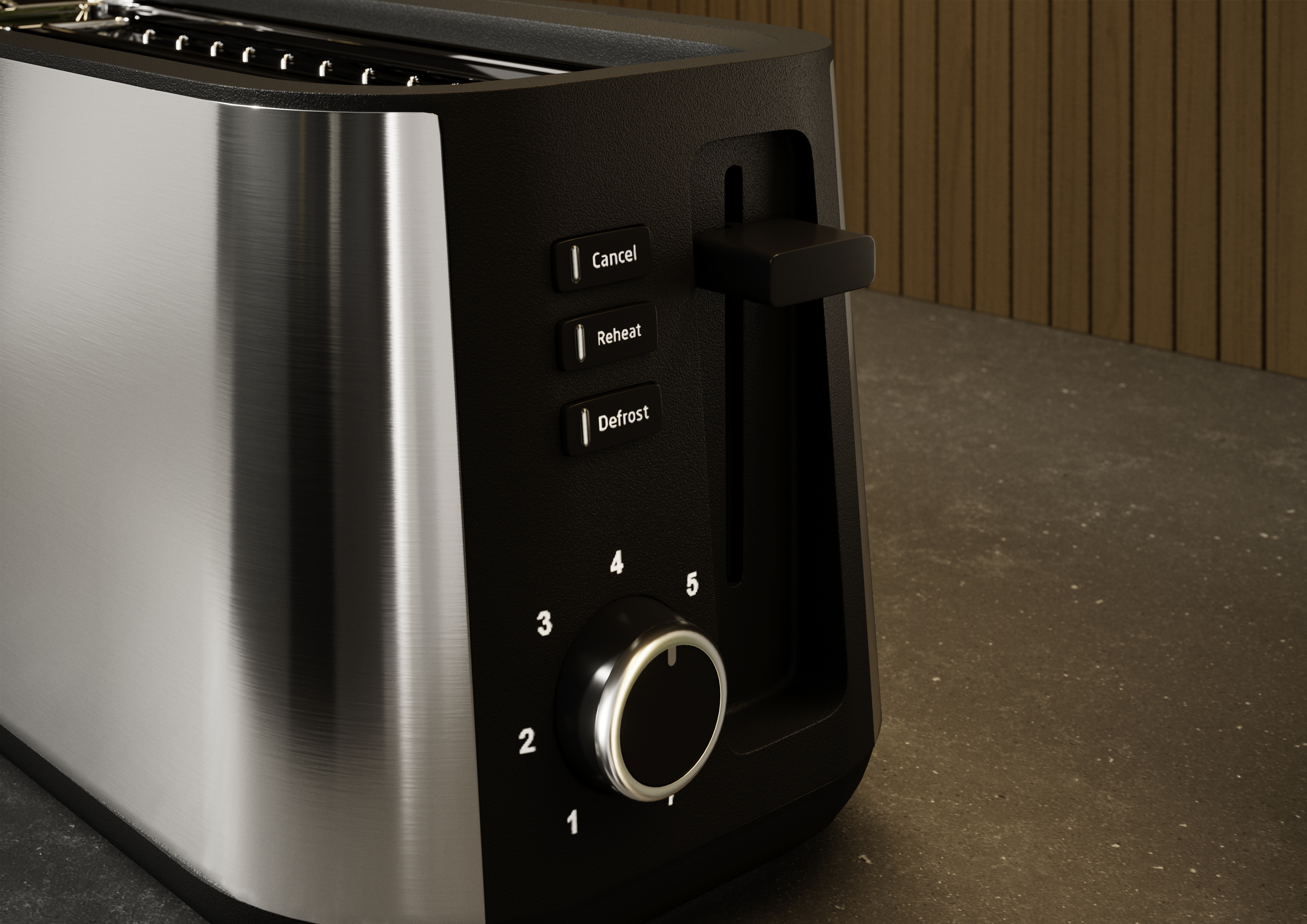 Zbliżenie na toster. Jest czarny i srebrny. Przyciski są opisane: Anuluj, Ogrzej ponownie, Rozmrażaj. Pokrętło z cyframi 1-5.