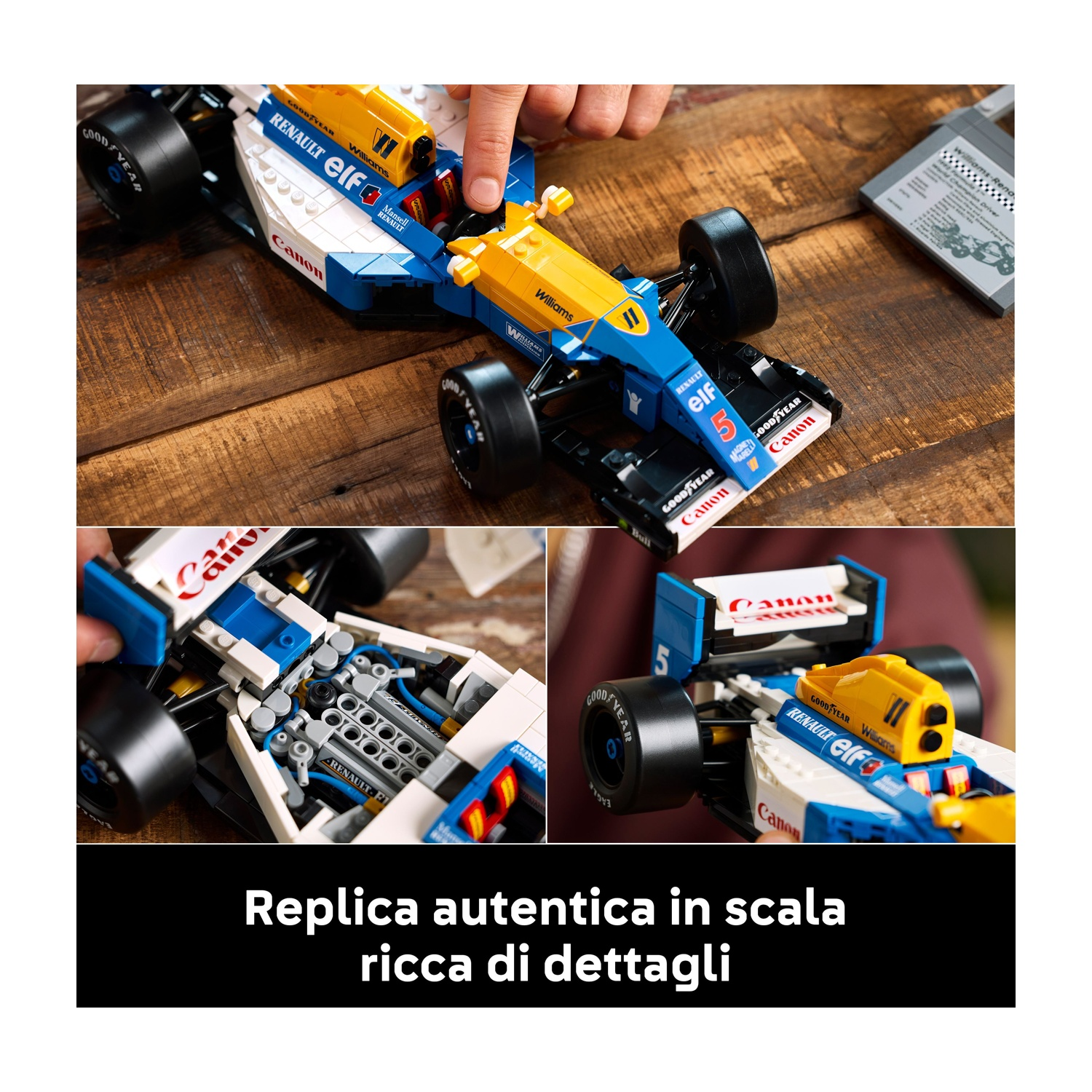 Un modello di auto F1 Lego, blu e giallo, è in fase di assemblaggio. Sono mostrati i dettagli del marchio e della struttura dell'auto, con sfondo in legno.