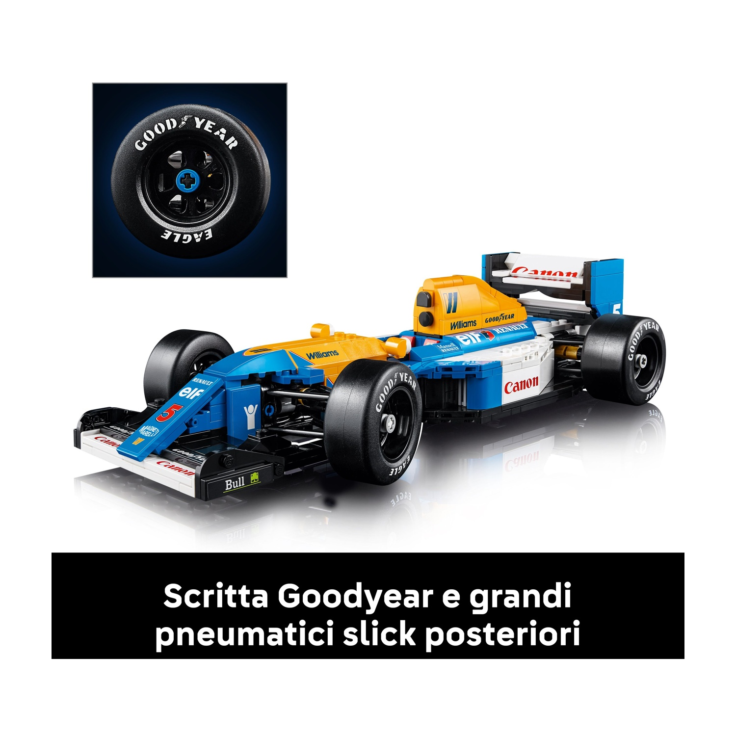 Un'auto di F1 Lego con pneumatici Goodyear. Ha colori blu e giallo, e loghi degli sponsor. Il dettaglio del pneumatico è in un'immagine separata.