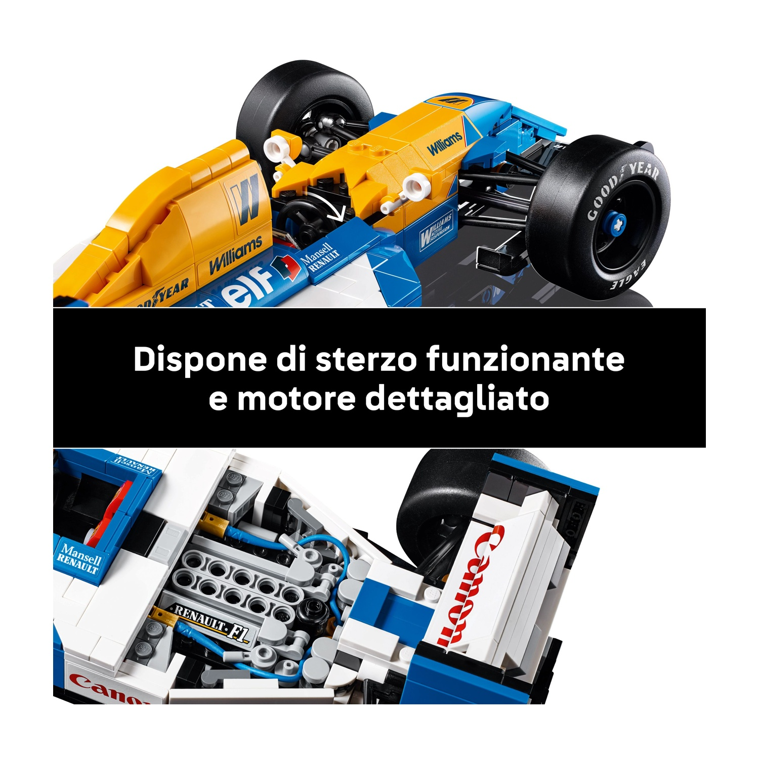 Un'auto di F1 Lego con colori giallo, blu e nero. Ha un motore dettagliato e sterzo funzionante. Visibili i pneumatici Goodyear.