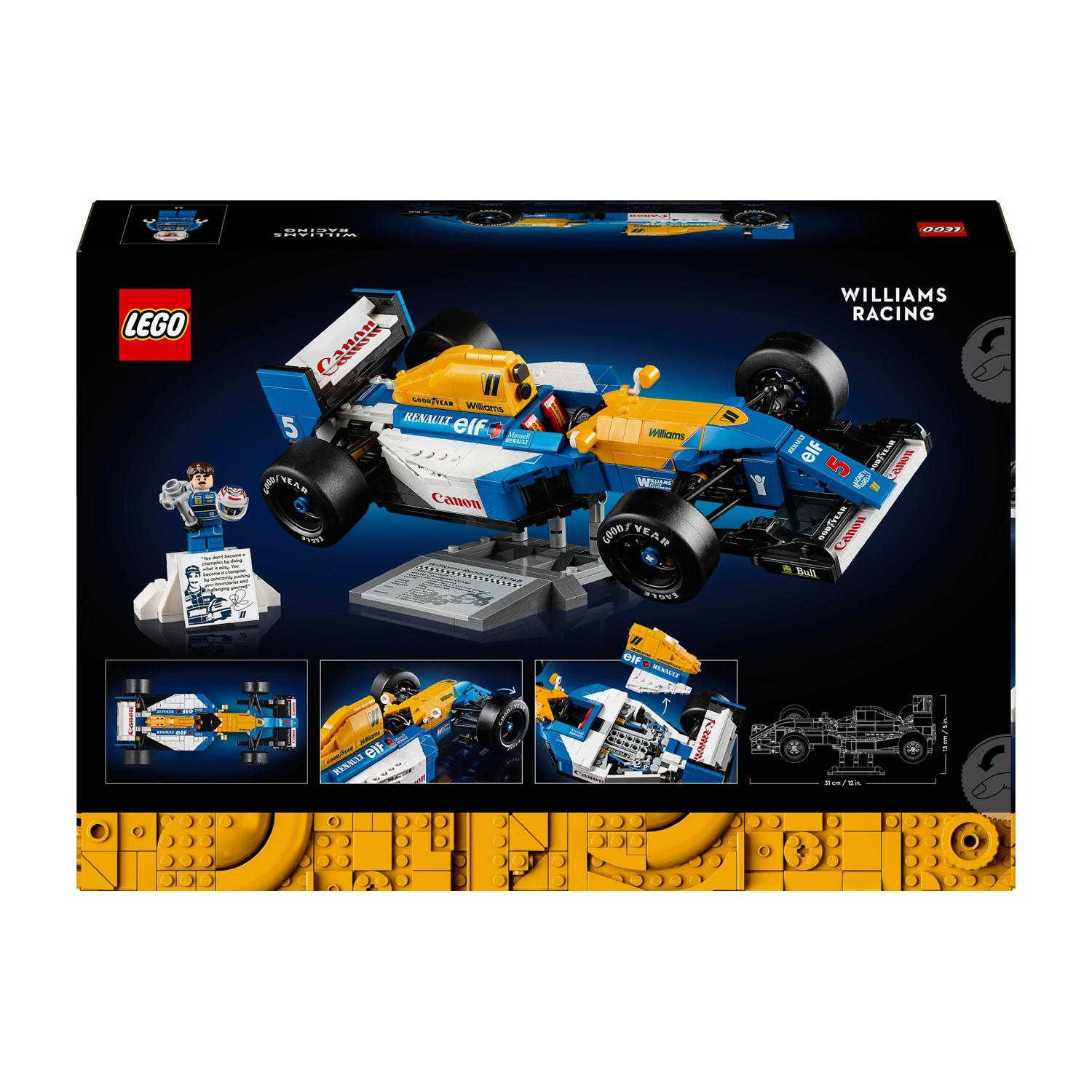 Una scatola Lego mostra un modello di auto da corsa Williams blu e giallo. Altre immagini mostrano i dettagli dell'auto e una minifigure.