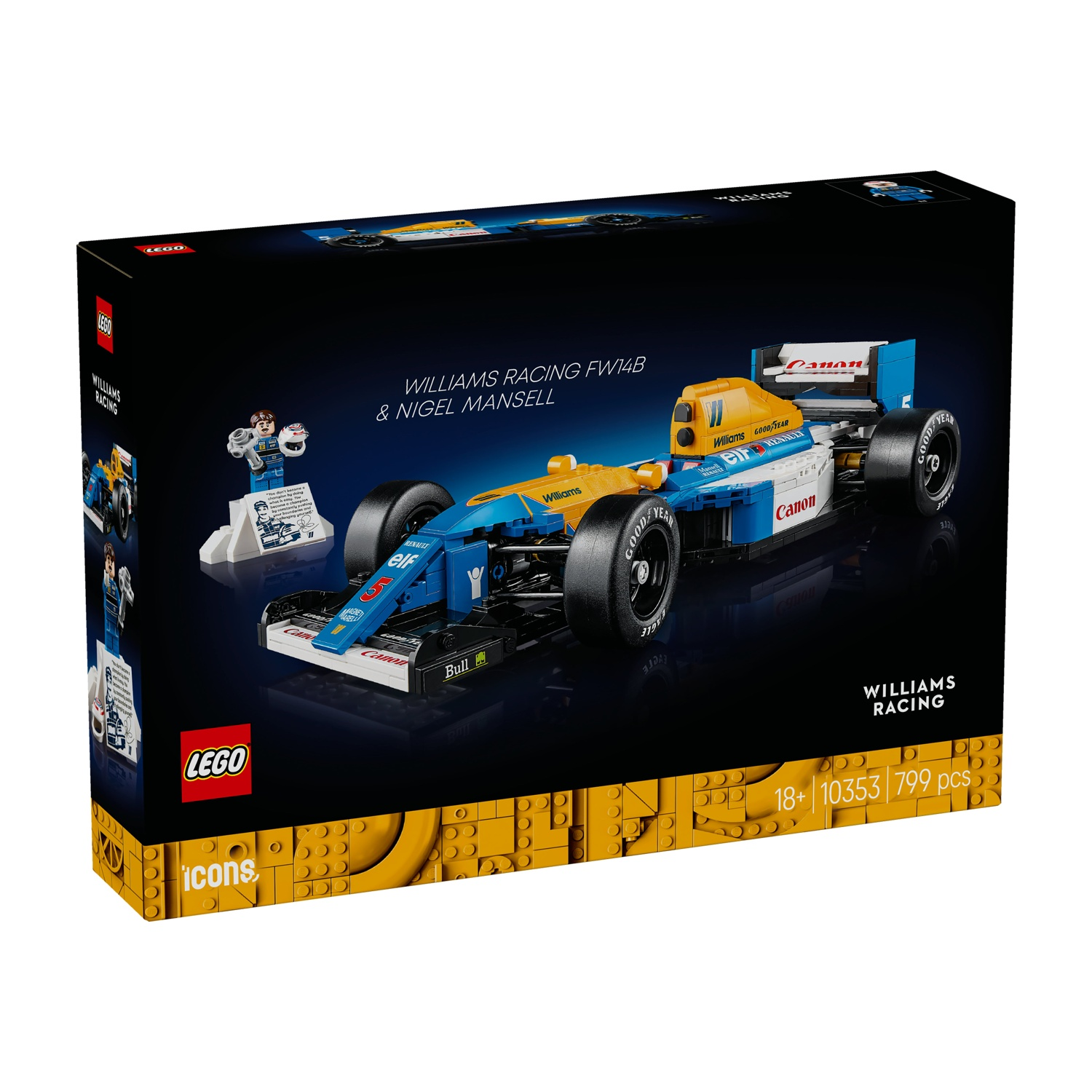 Set scatola Lego, Williams Racing FW14B, Nigel Mansell. Include modello auto, personaggio Lego e dettagli su sfondo nero.