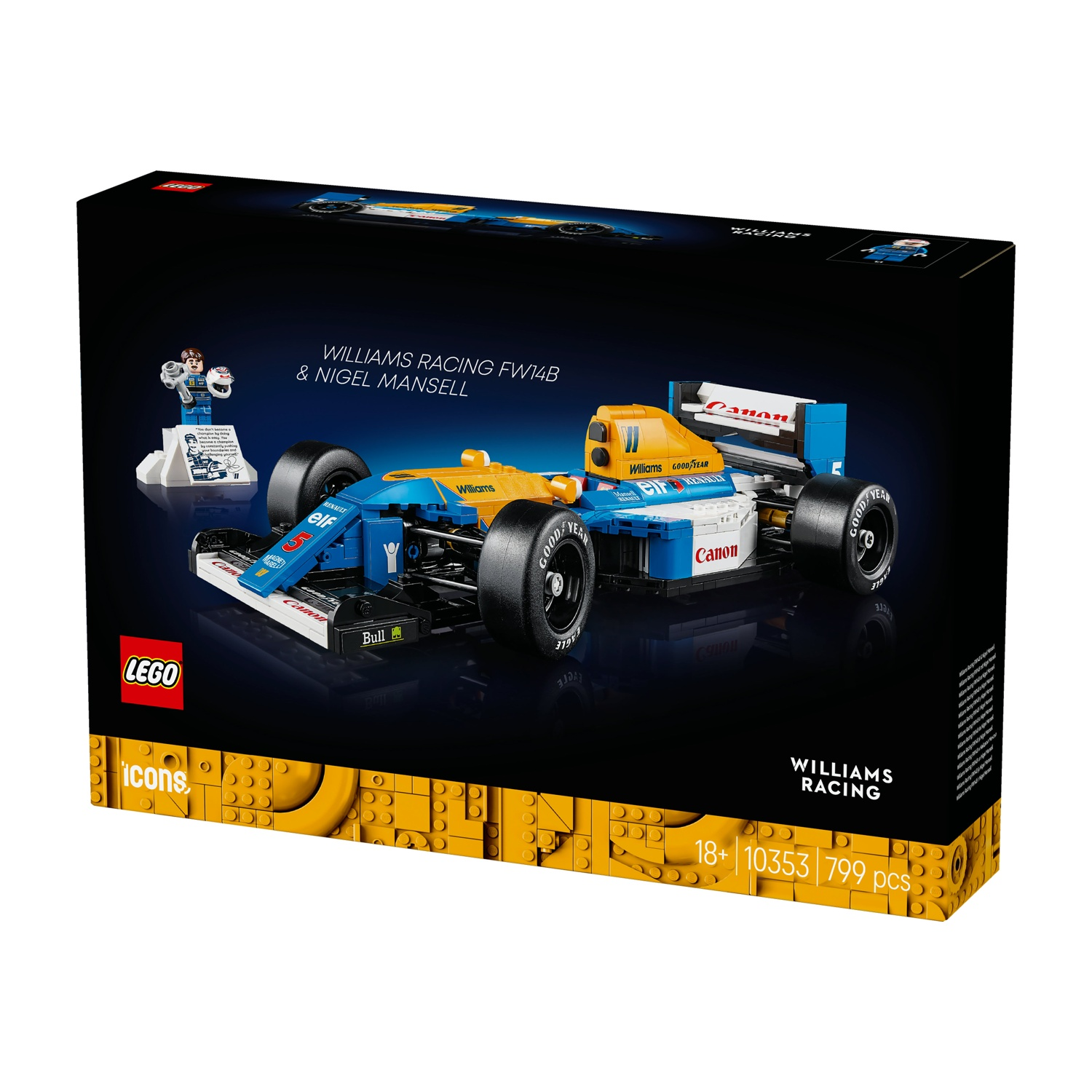 Una scatola Lego mostra un modello Williams Racing FW14B, con Nigel Mansell. La scatola è nera, gialla e blu. Ha i loghi Lego e Williams.