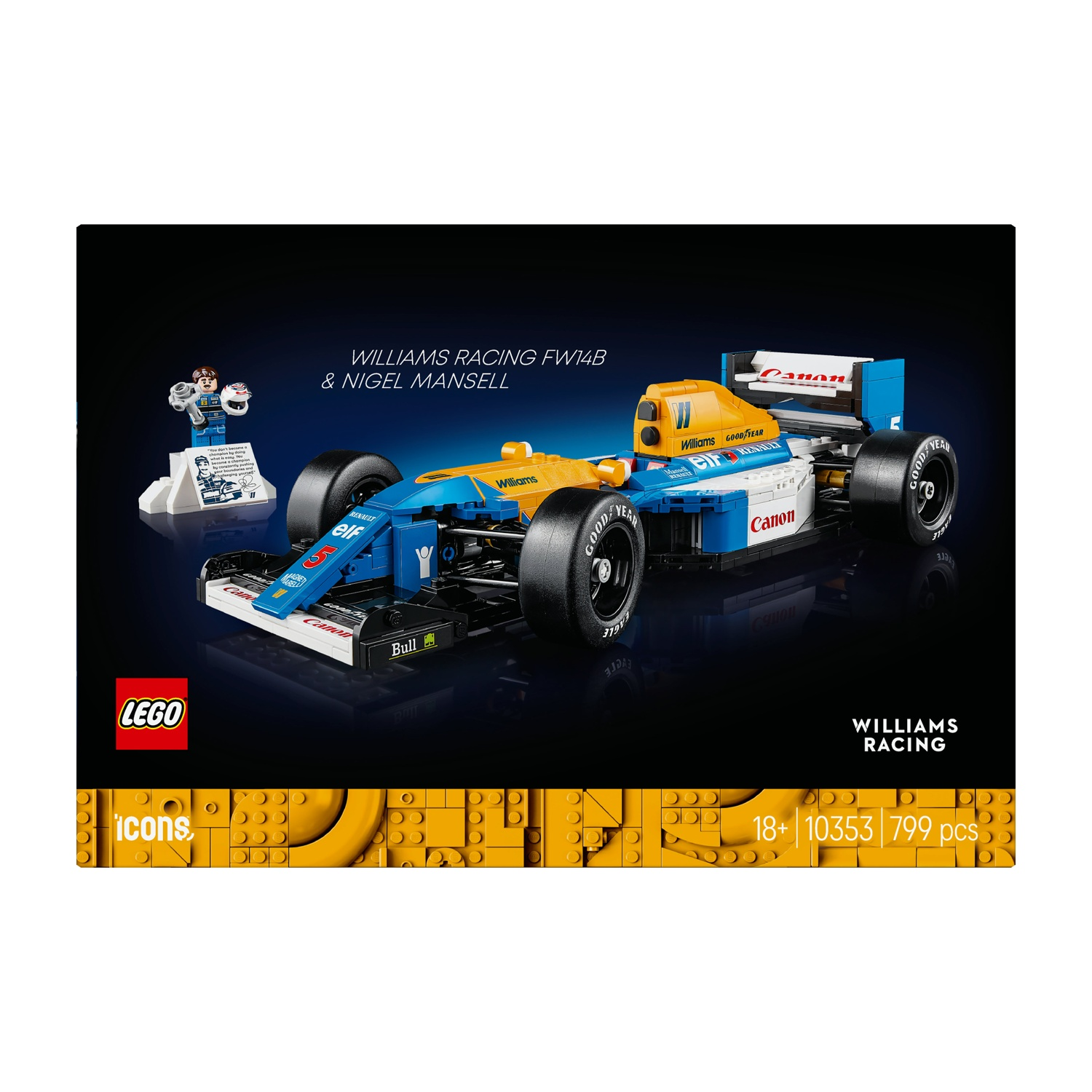 Un set Lego di un'auto Williams Racing FW14B, blu e gialla, con una figurina di Nigel Mansell. Il set ha uno sfondo nero.