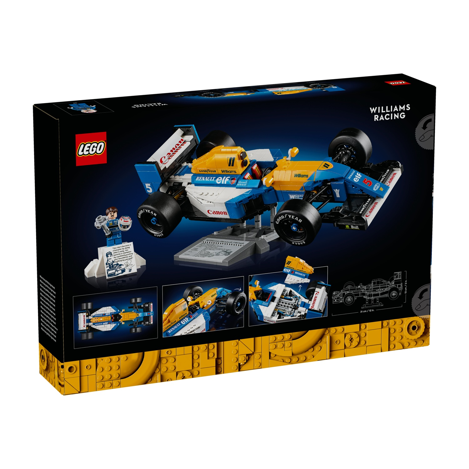 Scatola di un set LEGO Williams Racing. Il set include un'auto da corsa blu, bianca e gialla, una minifigure e dettagli.