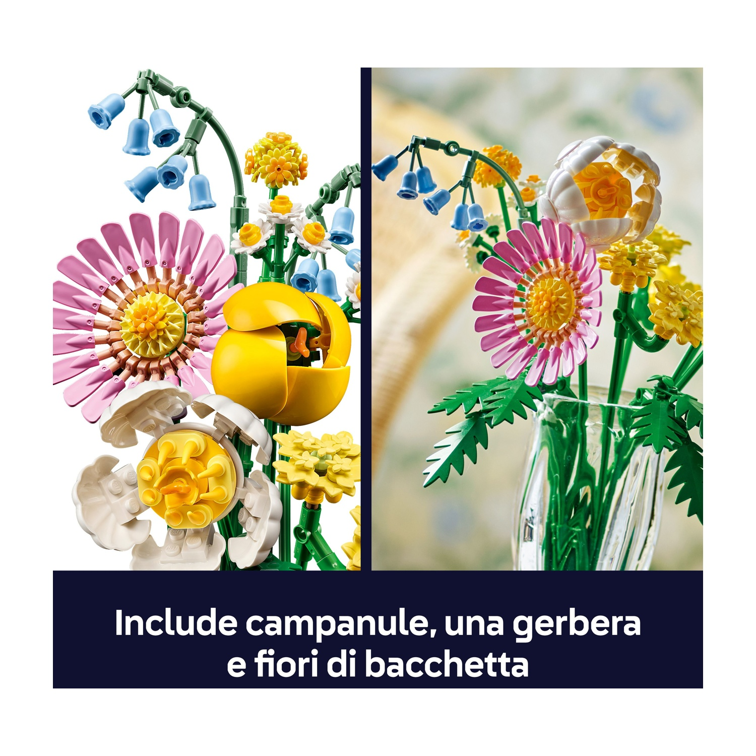 L'immagine presenta fiori Lego: campanule, gerbere e altri fiori. Una composizione è in un vaso.