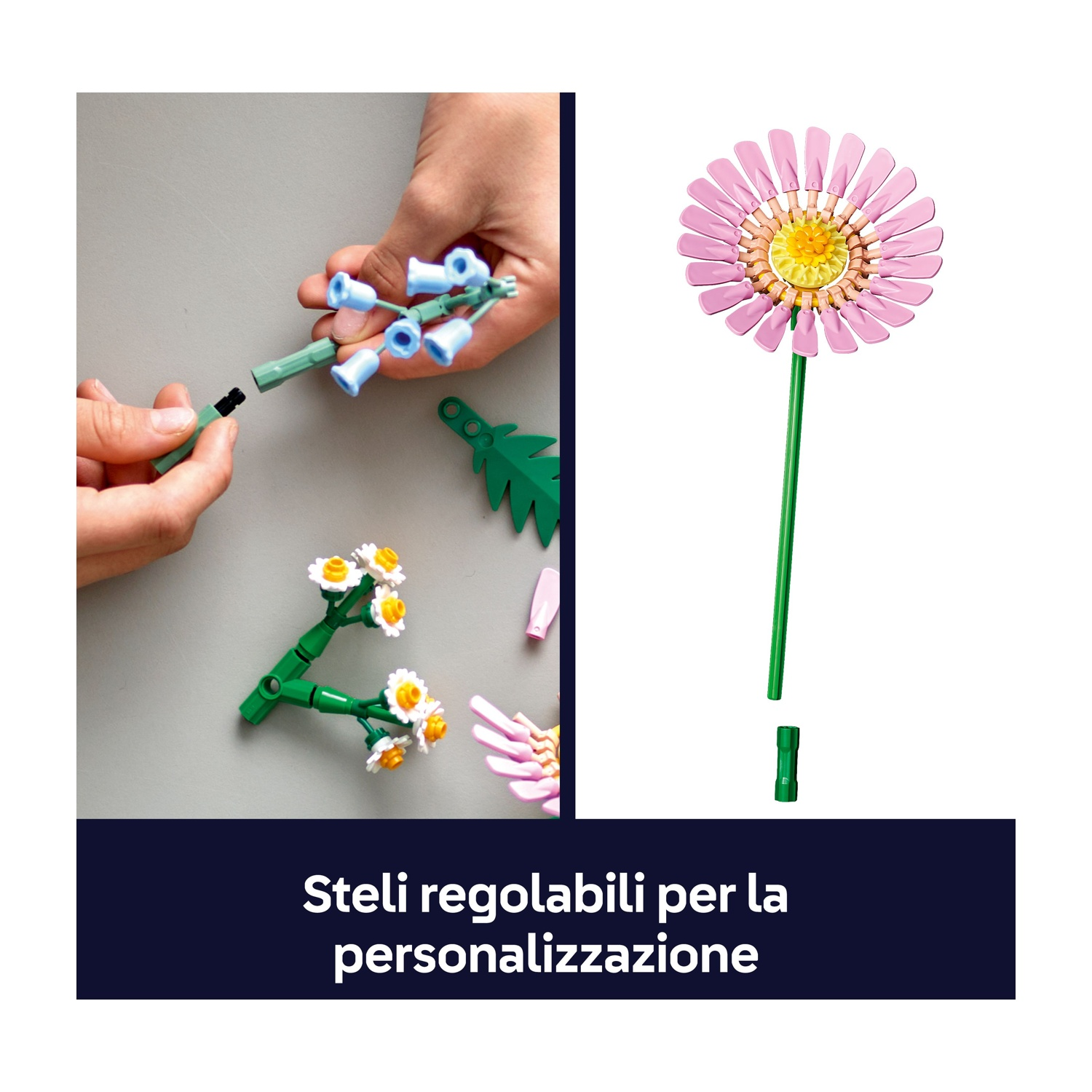 Mani che assemblano fiori giocattolo. Fiore rosa e giallo a destra. Boccioli blu e bianchi su steli verdi a sinistra.