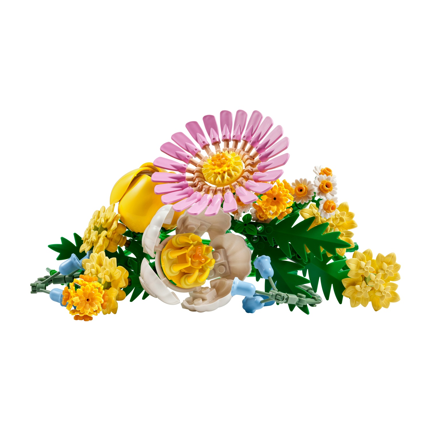 Un bouquet di fiori Lego colorati. Include fiori rosa, gialli, bianchi e blu con foglie verdi. Isolato su sfondo bianco.