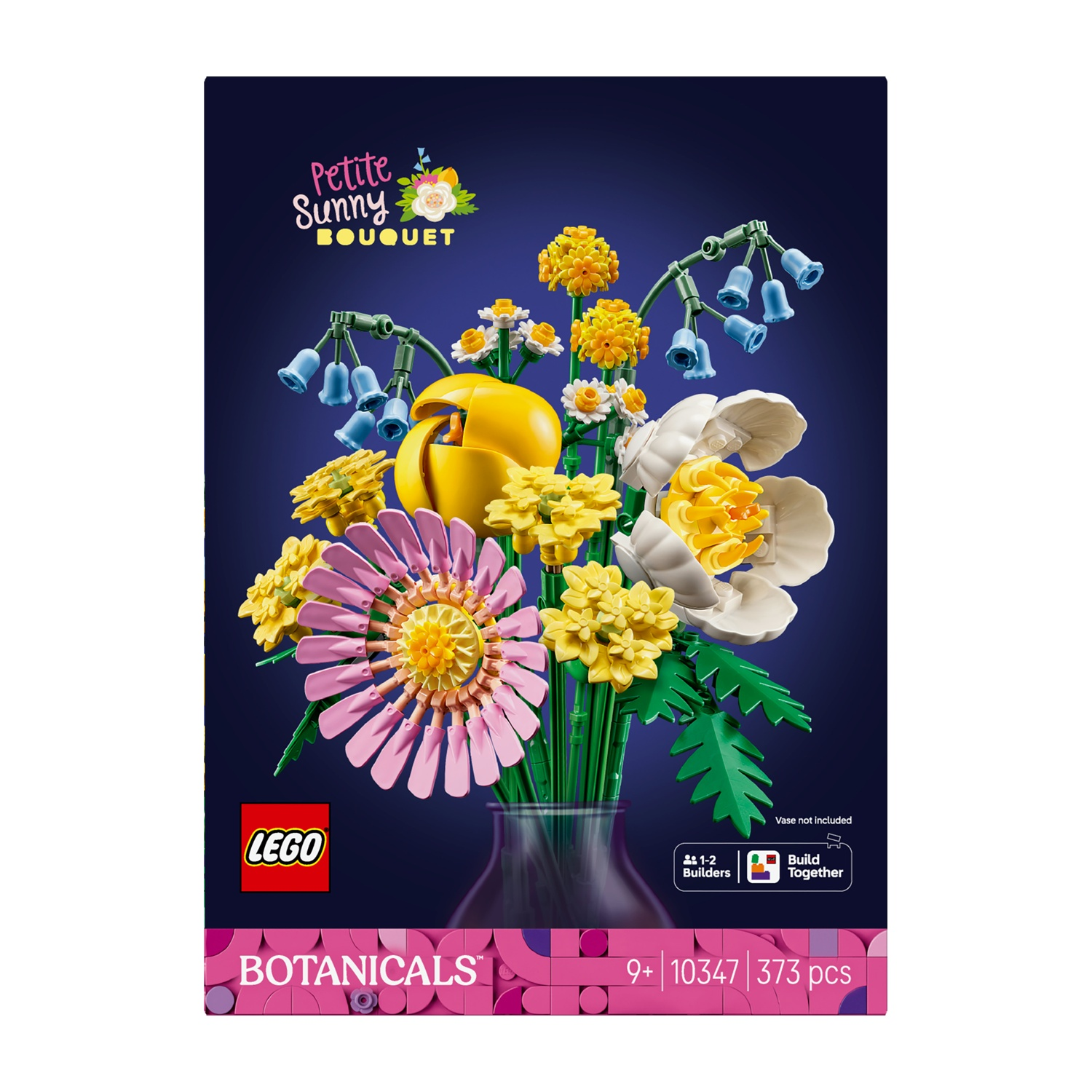 Una scatola Lego con un bouquet di fiori di vari colori su uno sfondo blu scuro. Il set è etichettato 'Botanicals'.