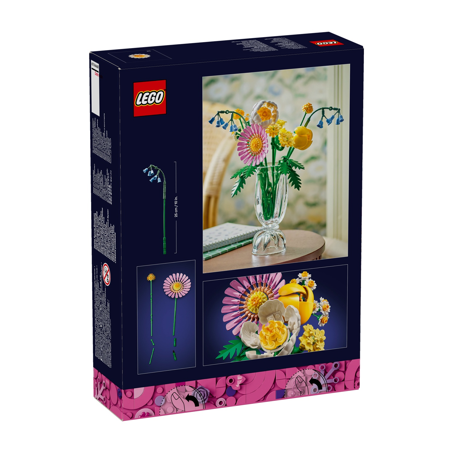 La scatola Lego mostra un bouquet di fiori in un vaso. La scatola è blu scuro con il logo Lego. Ha immagini di fiori e istruzioni.