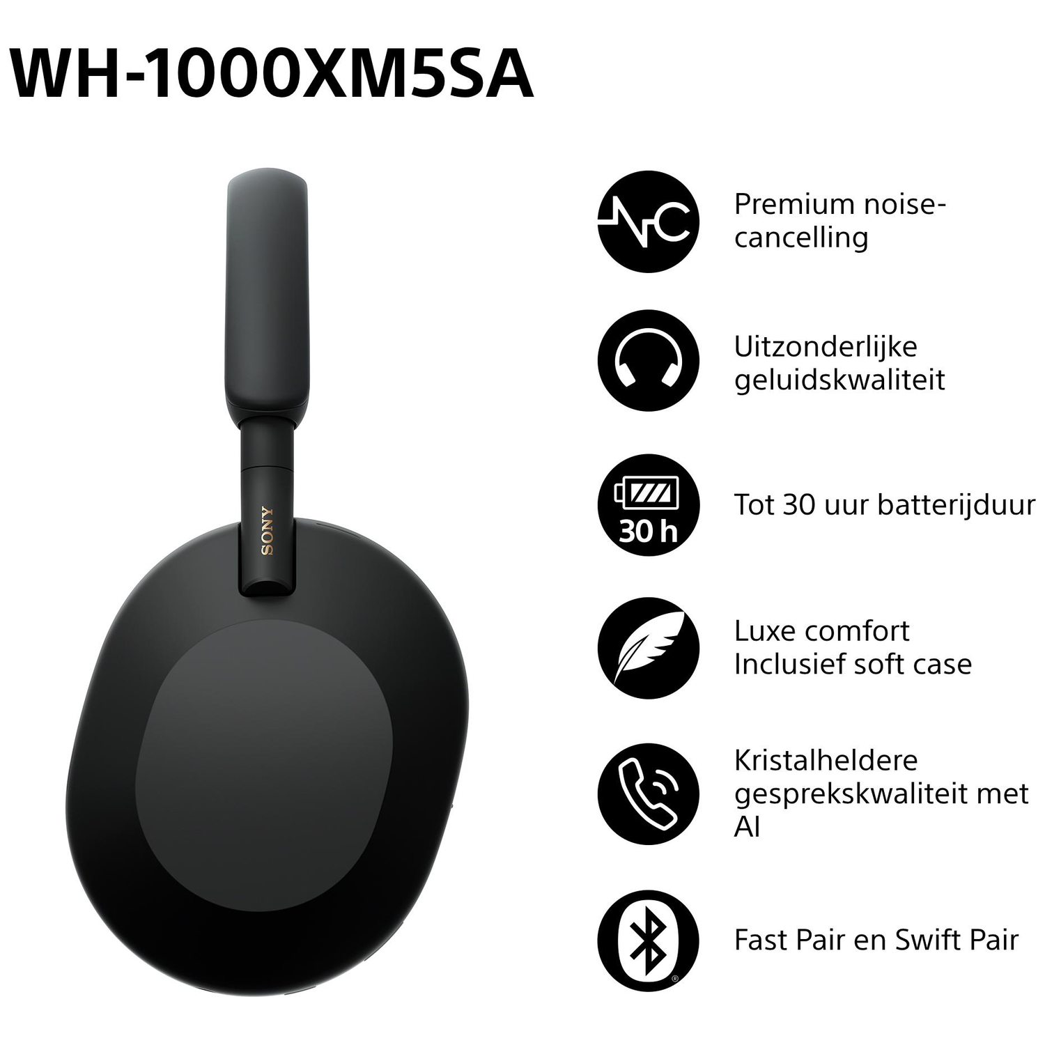 Black Sony WH-1000XM5SA headphones with features like noise cancelling, 30h battery, and fast pair.