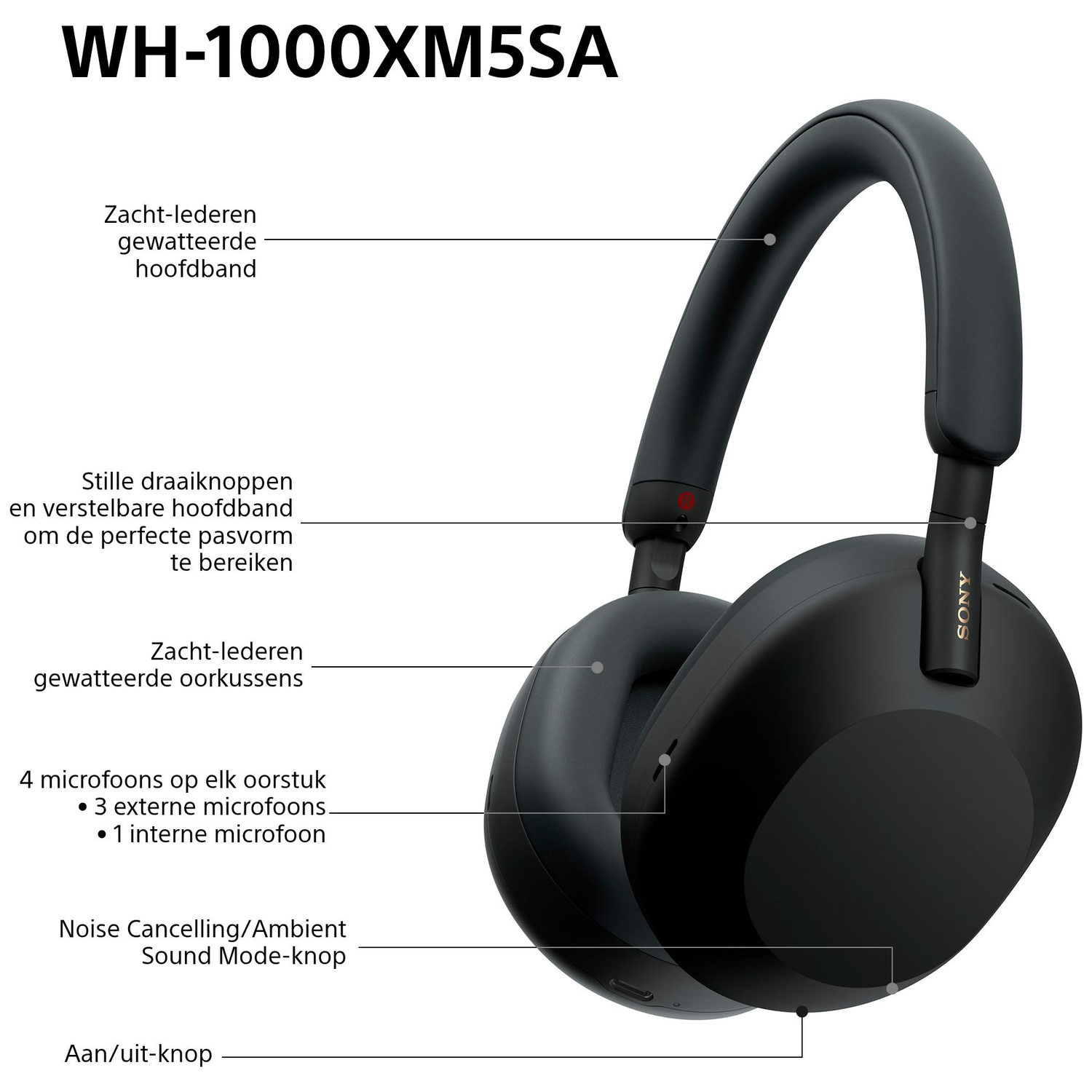 Black Sony WH-1000XM5SA headphones. Features: soft leather earcups and headband, noise-canceling, and multiple microphones. Text annotations.