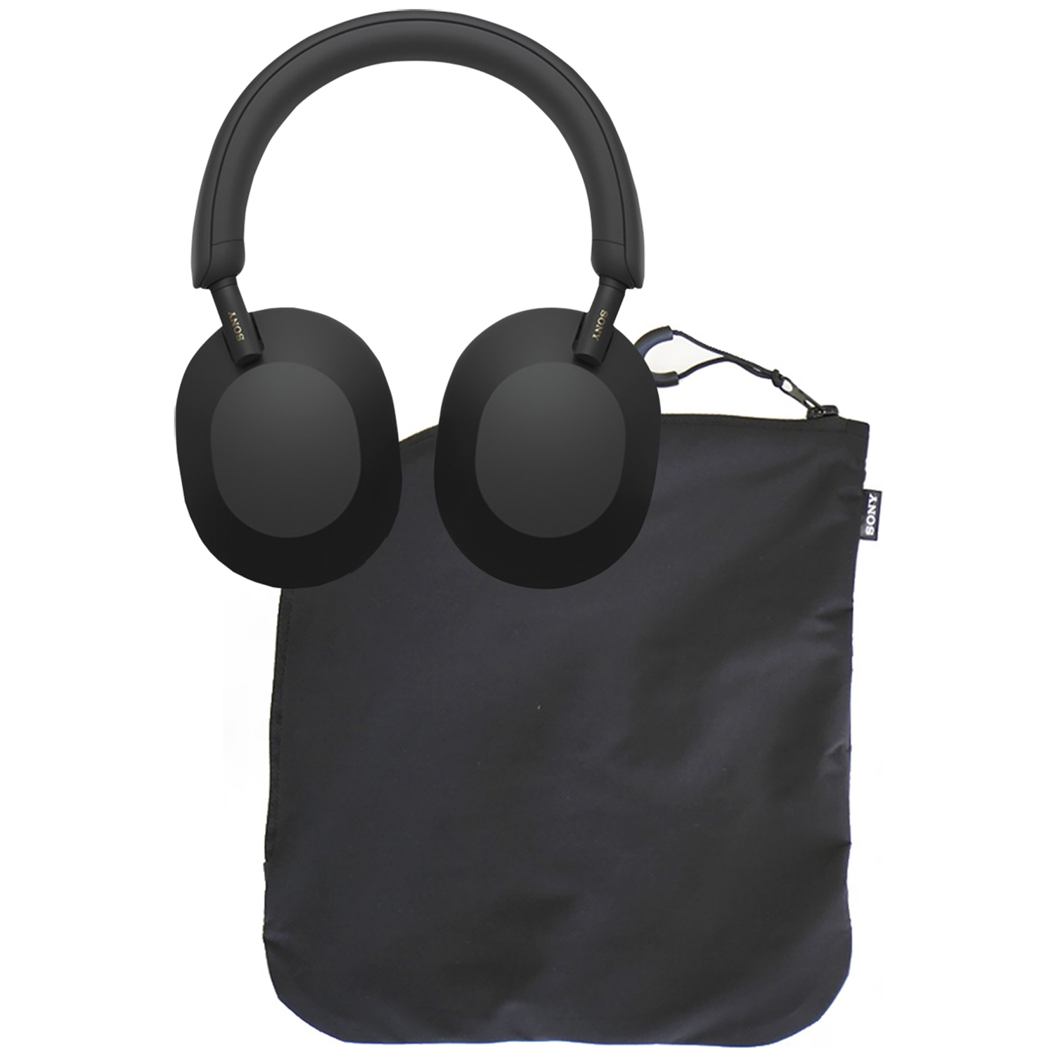 Black Sony headphones and a black carrying case on a white background. The headphones are over-ear.