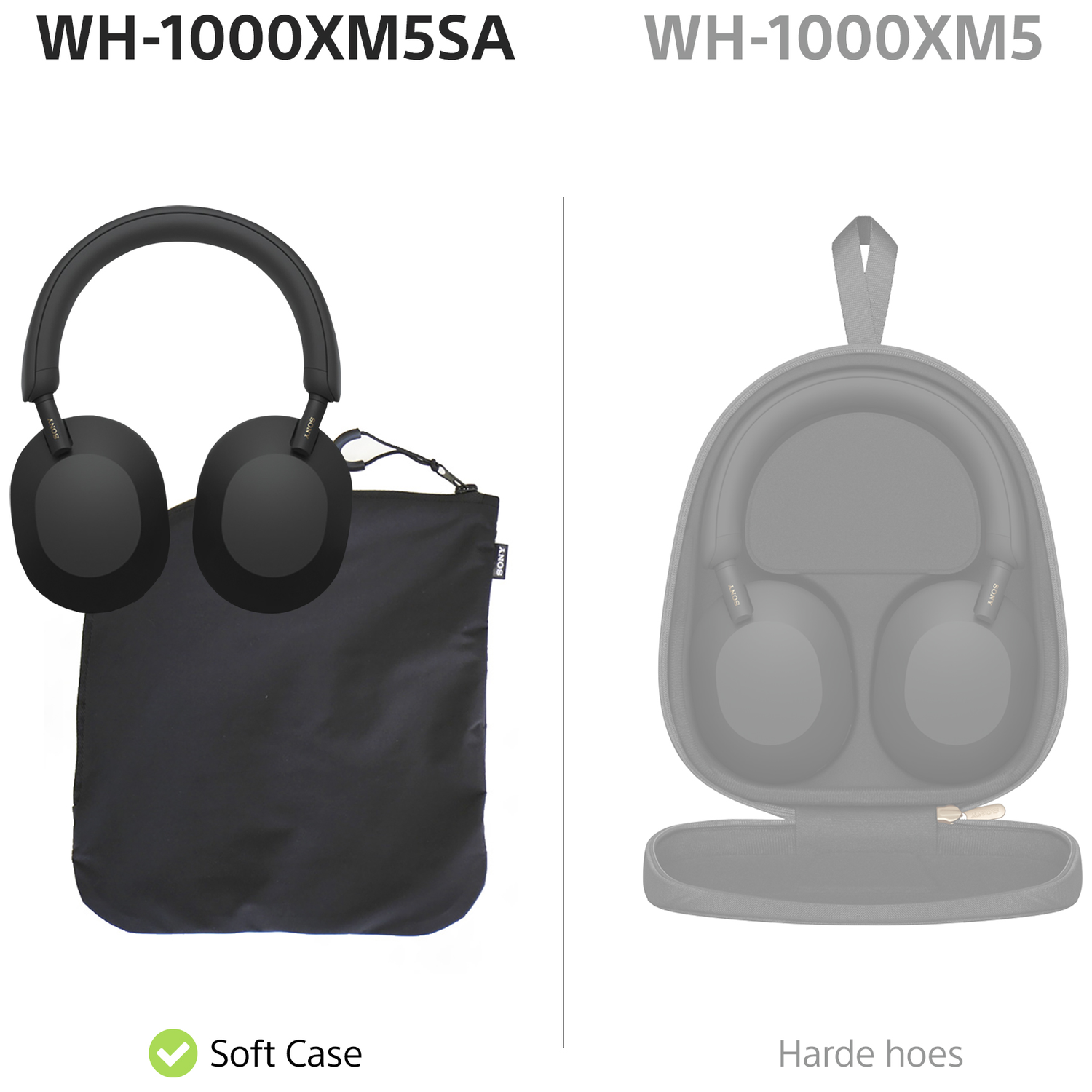 Image shows two types of headphone cases: soft black case with headphones and a grey hard case with headphones inside.