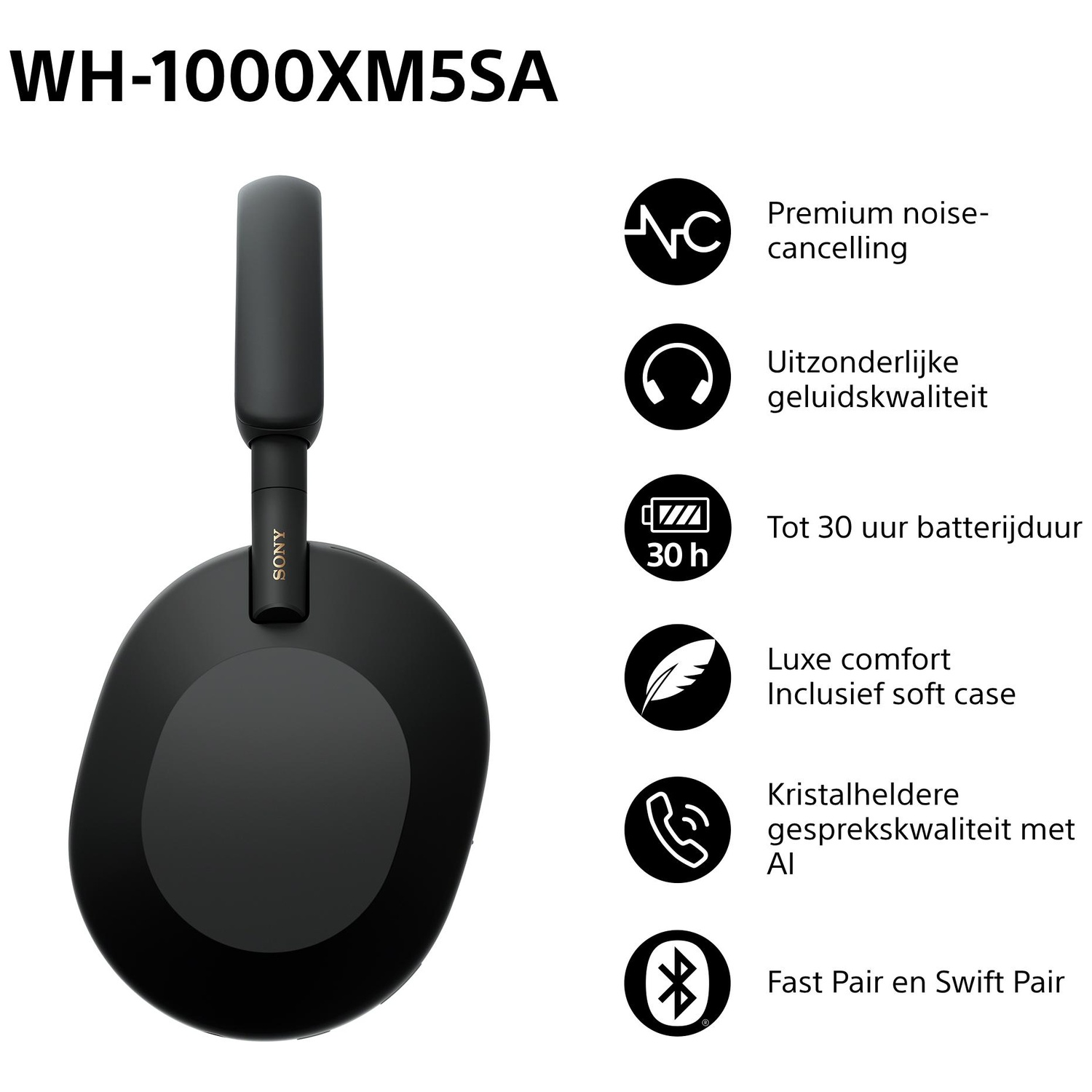 Zwarte Sony WH-1000XM5SA hoofdtelefoon. Kenmerken: noise-cancelling, uitzonderlijk geluid, 30h batterij, softcase, AI-gesprekskwaliteit en snel koppelen.