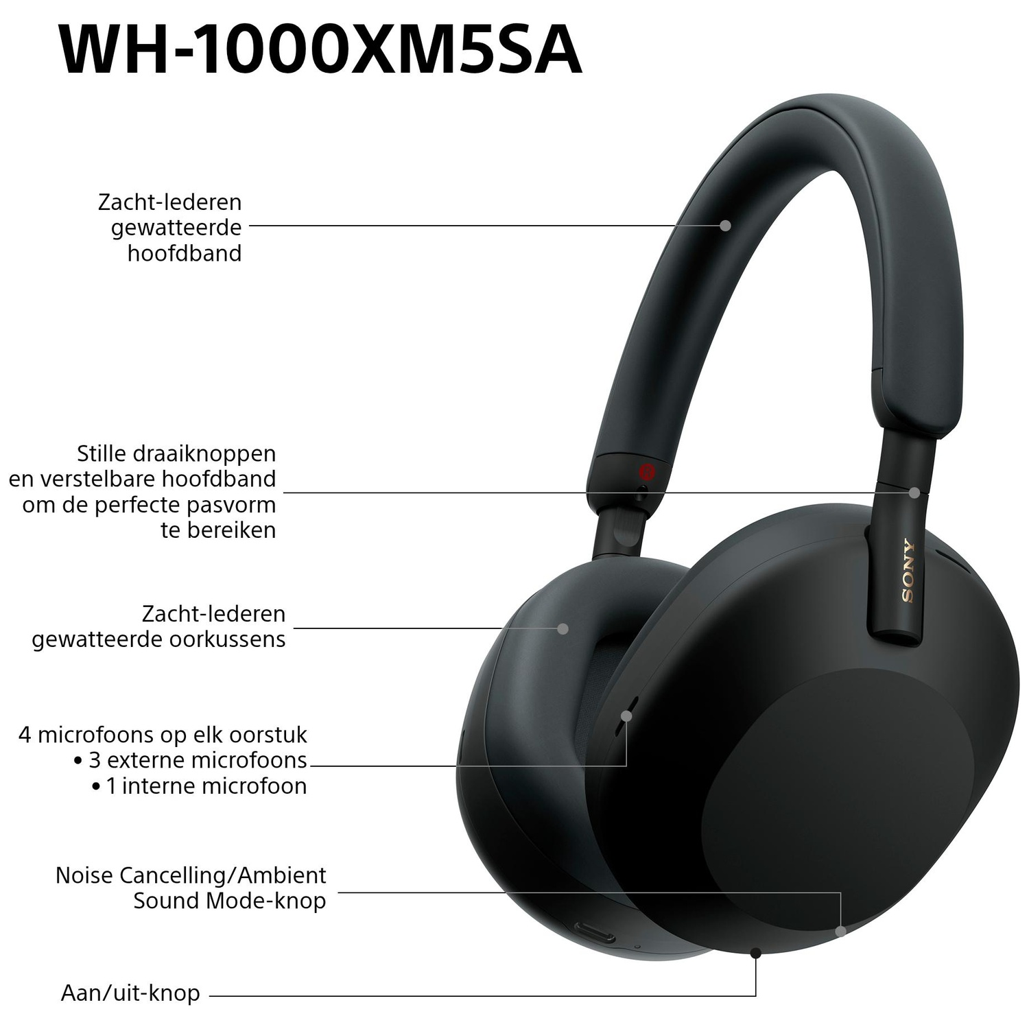 Zwarte Sony WH-1000XM5SA-hoofdtelefoon. Kenmerken zijn zachte leren oorkussens en hoofdband, ruisonderdrukking en omgevingsgeluidsmodus.