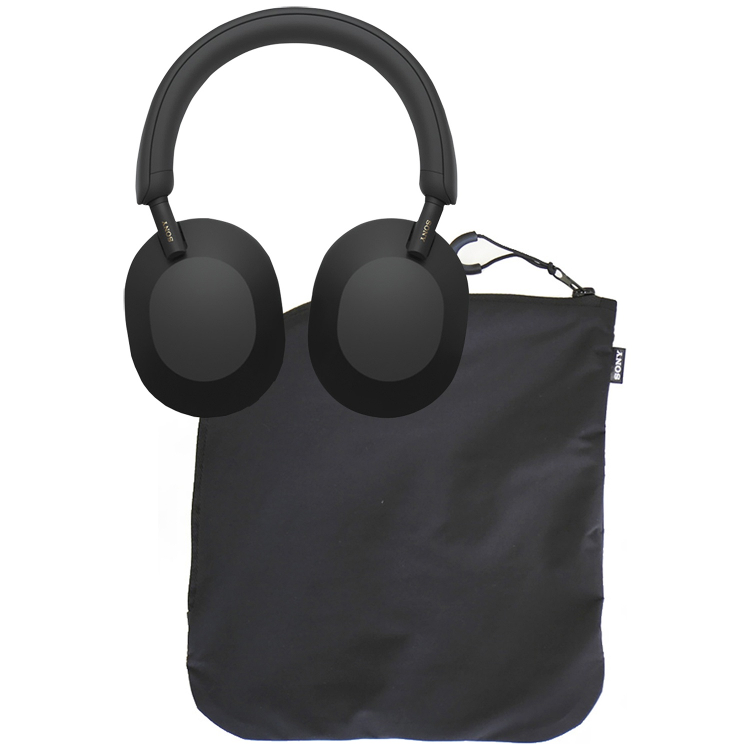 Zwarte Sony-koptelefoon en een zwarte draagtas op een witte achtergrond. De koptelefoon is over-ear.