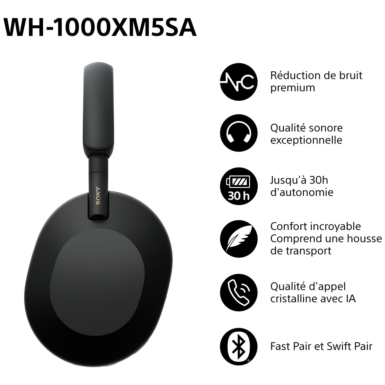 Casque Sony WH-1000XM5SA noir avec réduction de bruit, qualité sonore exceptionnelle et jusqu'à 30 heures d'autonomie.