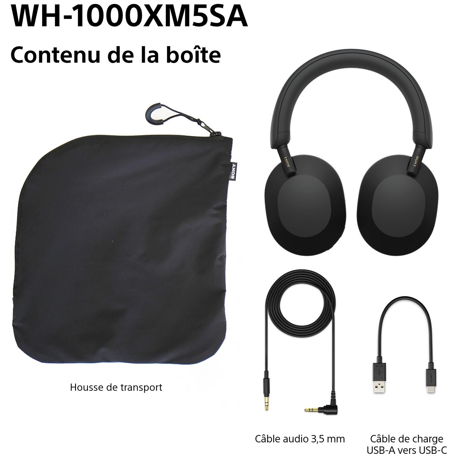 L'image montre un casque noir, un étui de transport, un câble audio 3,5 mm et un câble de charge USB-A vers USB-C.