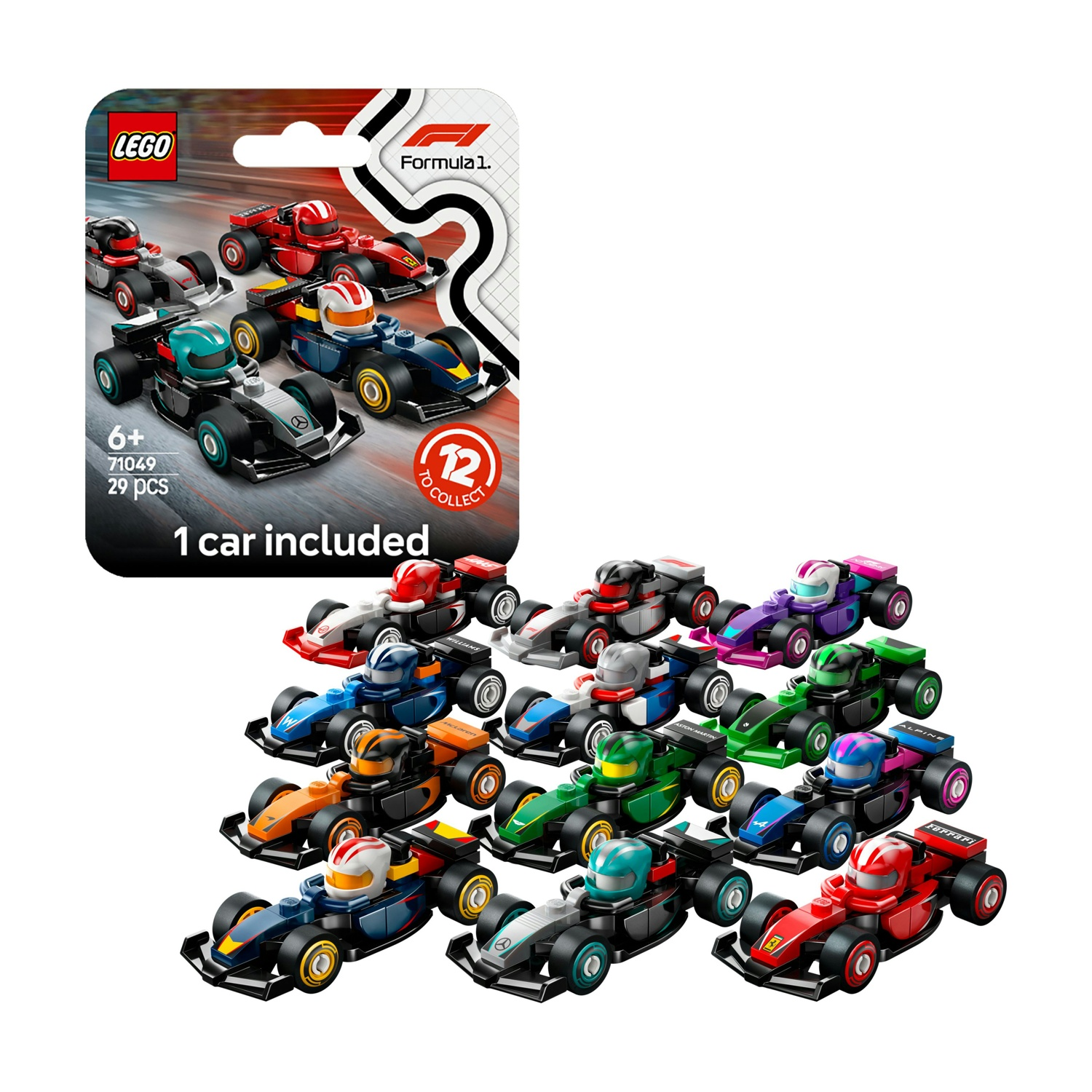 Una collezione di auto da corsa Lego Formula 1 in vari colori, con una confezione che mostra alcune auto.