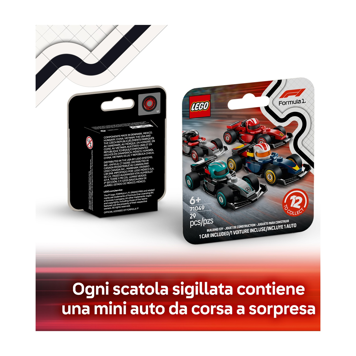 Una scatola di Lego con mini auto da corsa di Formula 1. La confezione include testo e immagini delle auto.