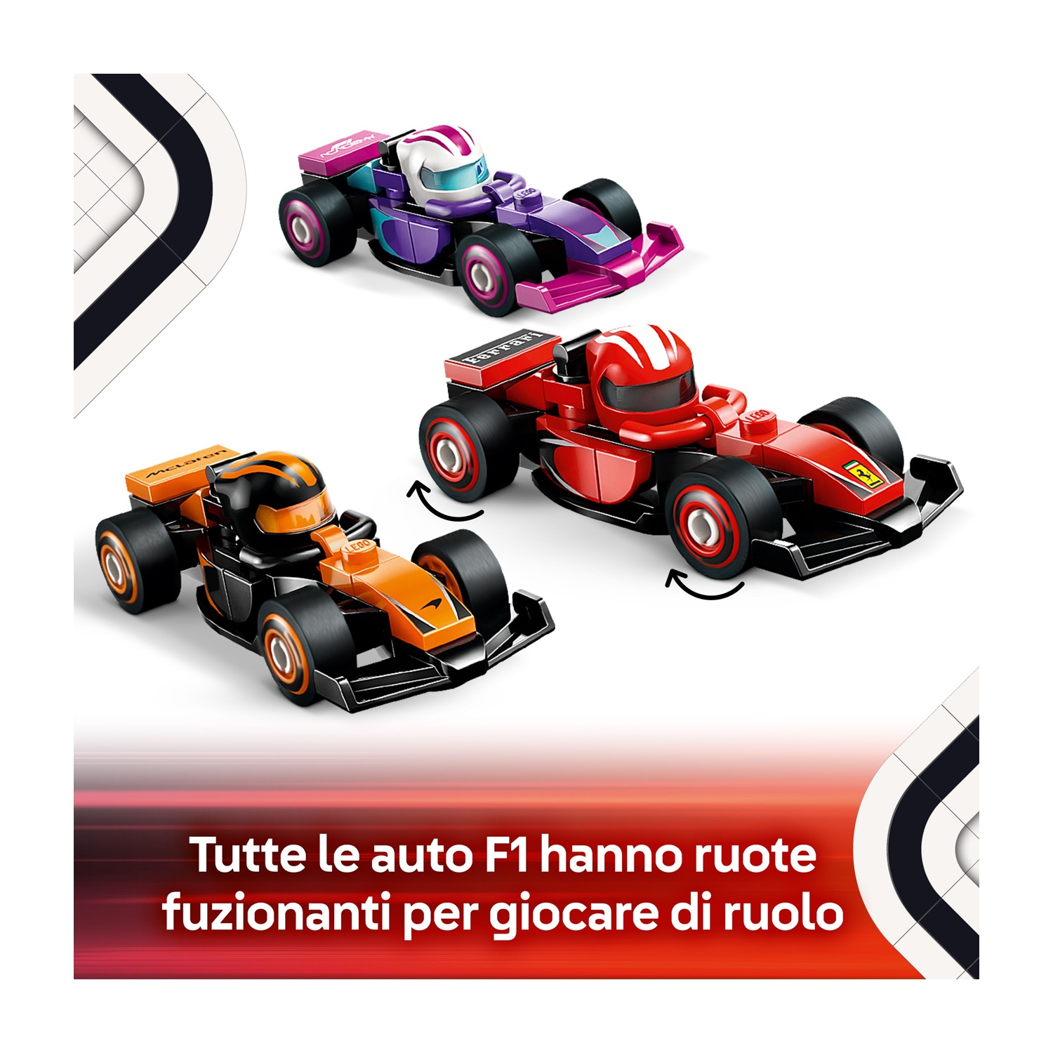 Tre auto da corsa F1 giocattolo: viola, rossa e arancione. L'auto rossa ha il logo Ferrari. Il testo dice che le F1 hanno ruote a fusione.