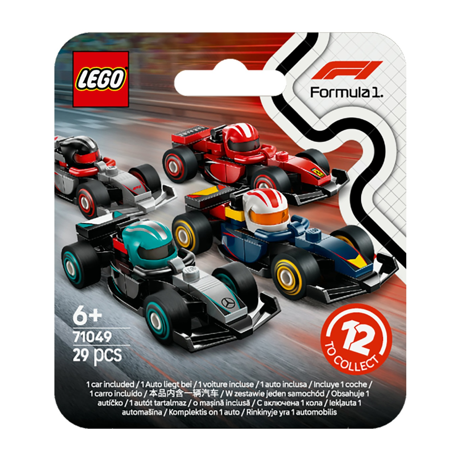 Set Lego con cinque auto di Formula 1 giocattolo rosse, blu, grigie e teal. La scatola dice "Formula 1" e "To Collect 12".