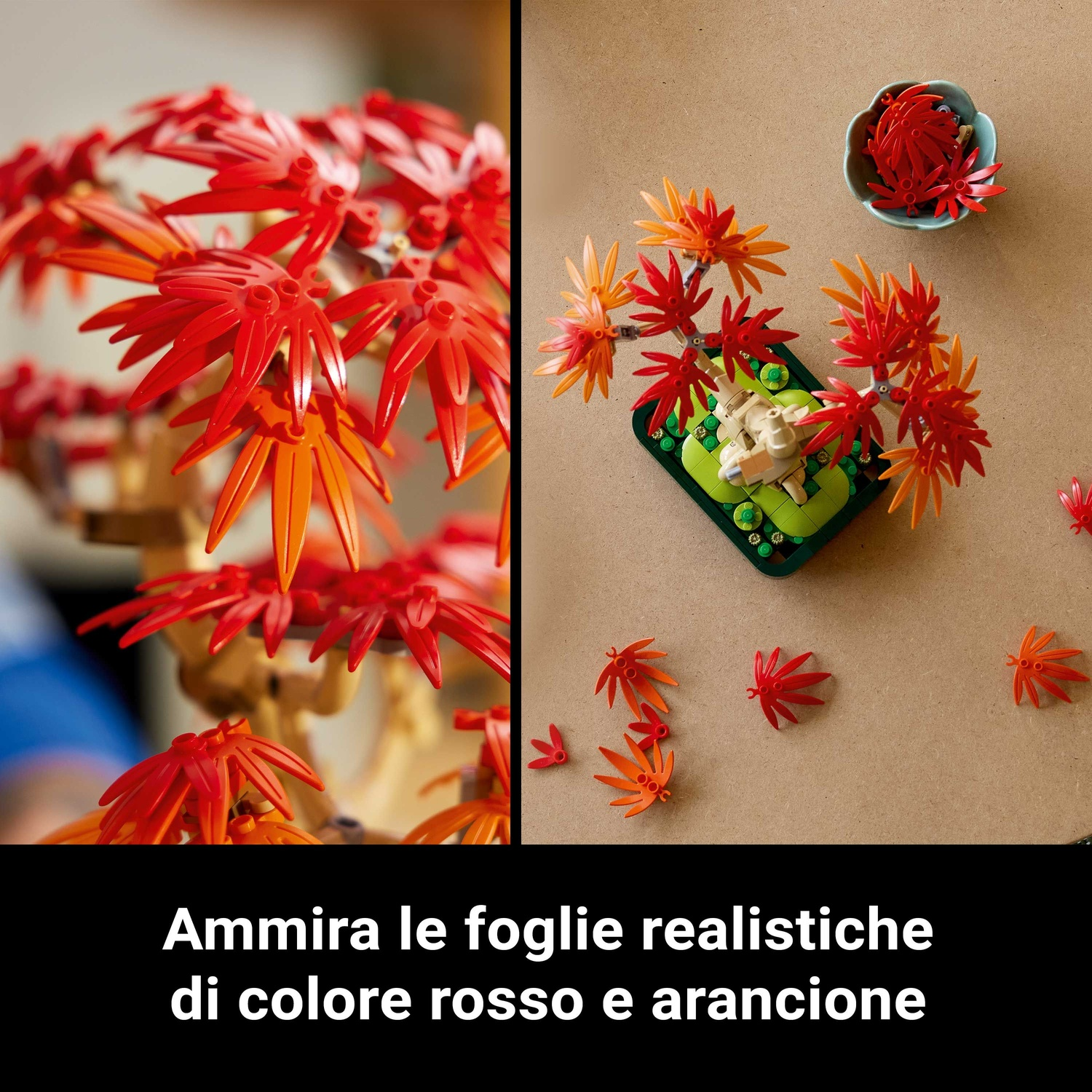 Un bonsai Lego con foglie rosse e arancioni. Alcune foglie sono separate. L'albero è in un vaso verde su una superficie beige.