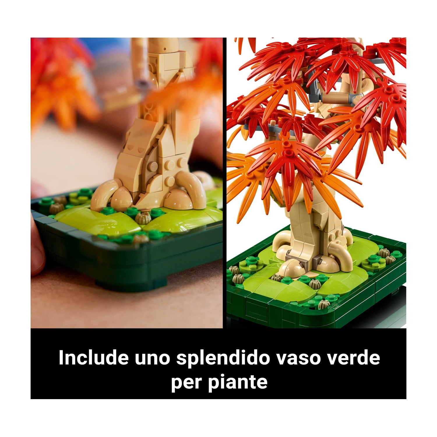 Un albero bonsai Lego con foglie rosse e arancioni, tronco marrone e base verde in un vaso verde. Il vaso ha le parole sopra.