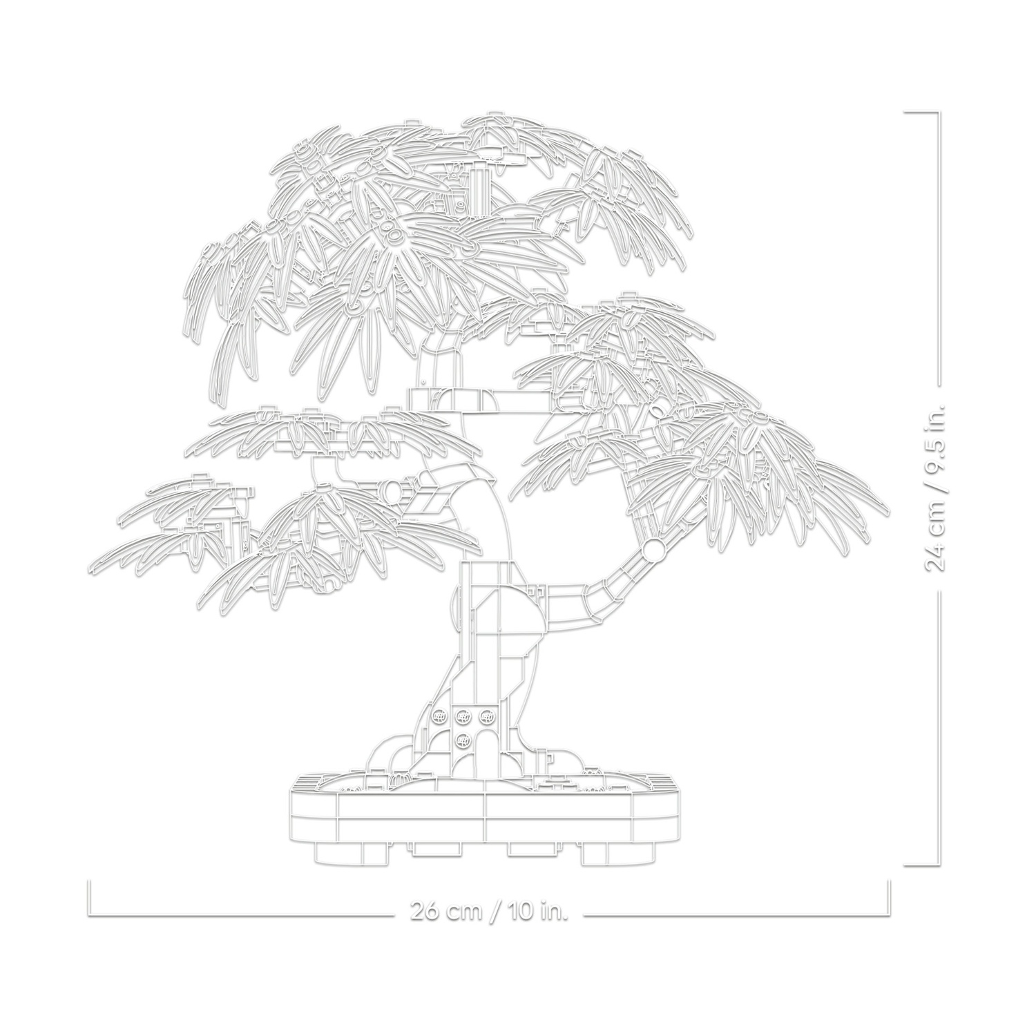 Disegno a tratto di un bonsai. Le dimensioni sono 26 cm/10 pollici di larghezza e 24 cm/9,5 pollici di altezza. L'albero ha foglie dettagliate e una base strutturata.
