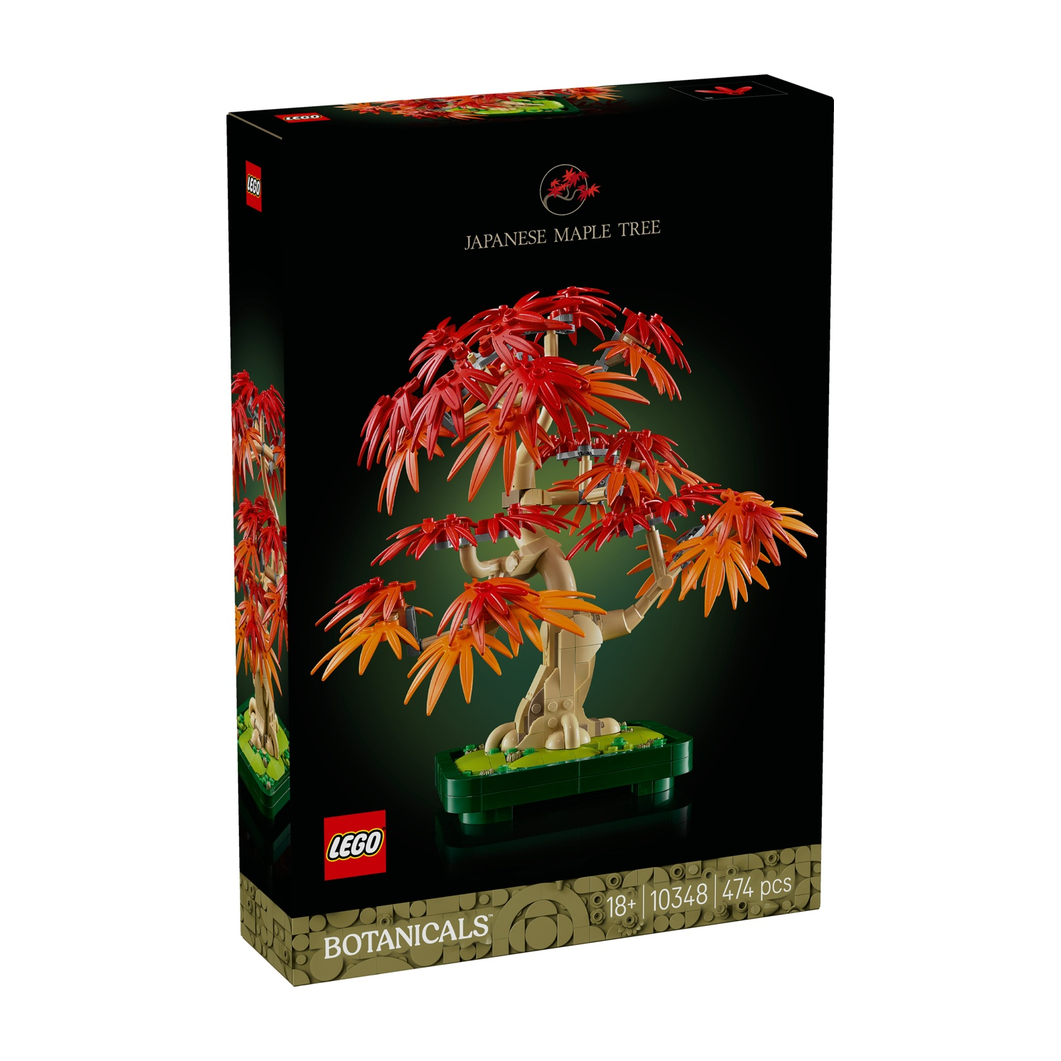 Una scatola Lego mostra un modello di acero giapponese. L'albero ha foglie rosse e arancioni. La scatola è nera con i loghi Lego e Botanicals.