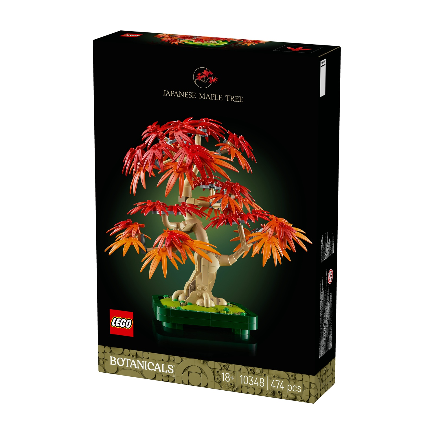 Una scatola Lego mostra un modello di acero giapponese. L'albero ha foglie rosse e arancioni e un tronco beige. La scatola è nera con testo.