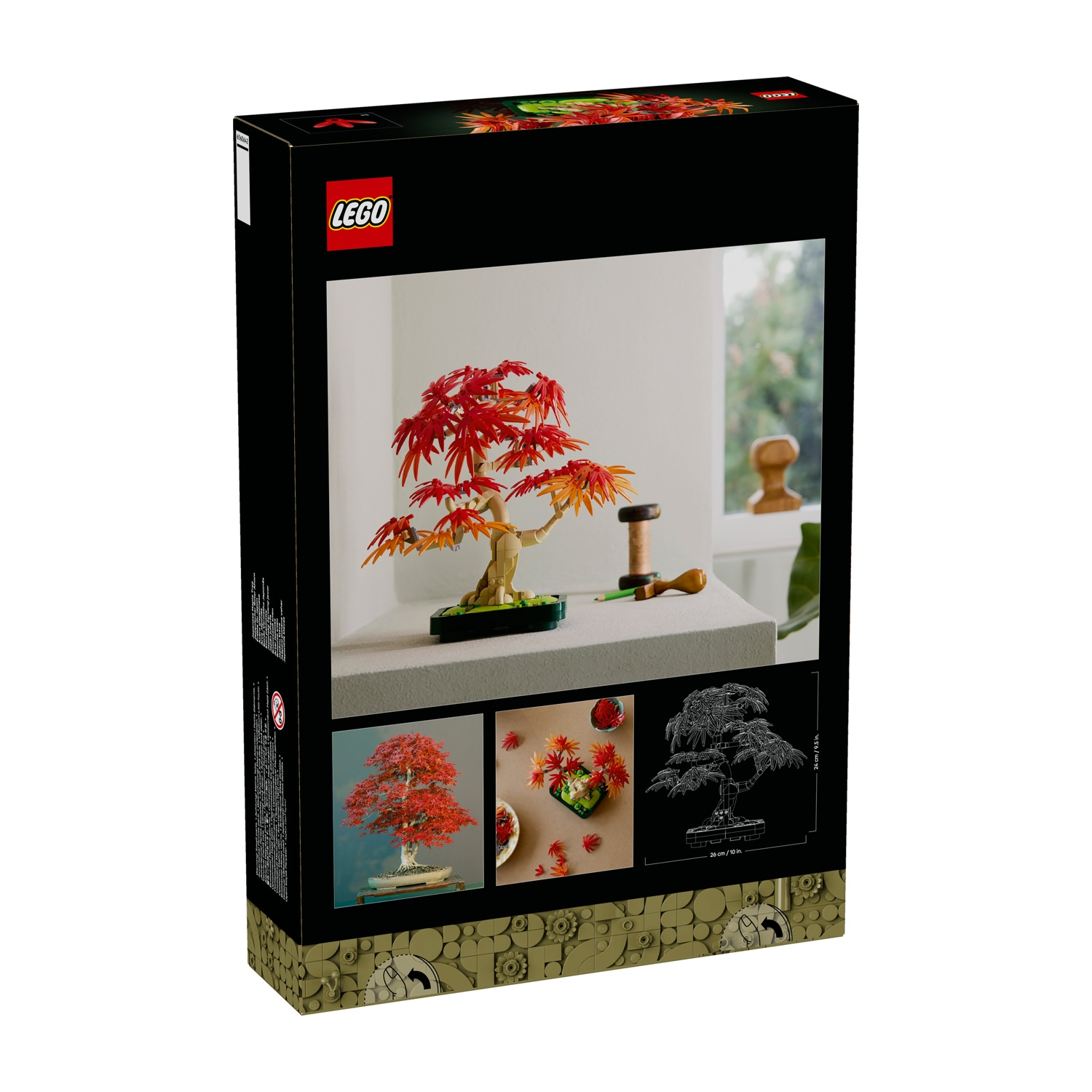 Il retro di una scatola Lego. Mostra un albero bonsai Lego con foglie rosse e arancioni. Sono visualizzate anche altre immagini dell'albero.