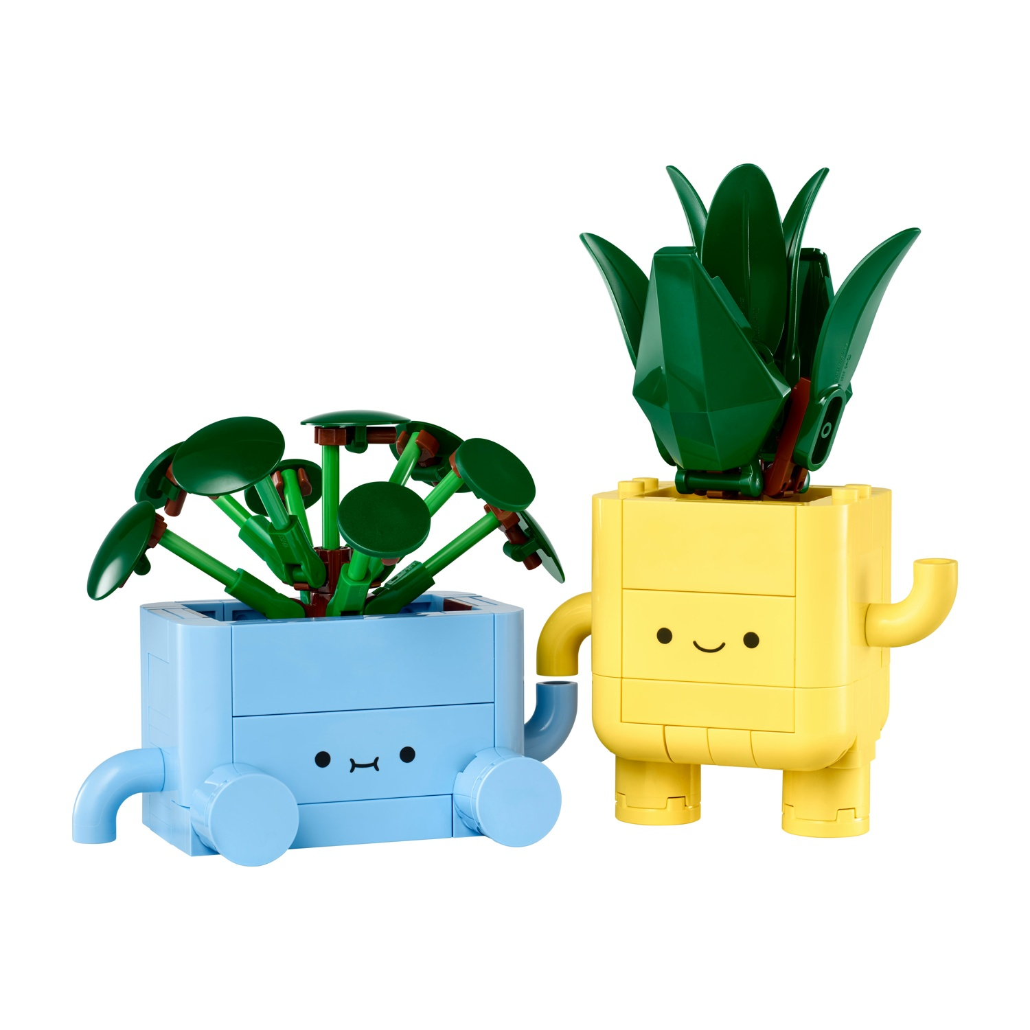 Due vasi Lego. Uno blu con foglie rotonde, l'altro giallo con foglie appuntite. Entrambi hanno braccia, gambe e facce sorridenti.