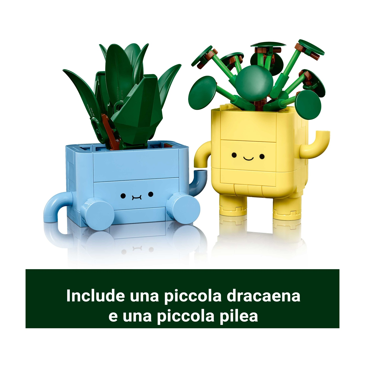 Due set di piante Lego, uno blu con foglie verdi e uno giallo con foglie verdi a forma di disco. Sfondo bianco.