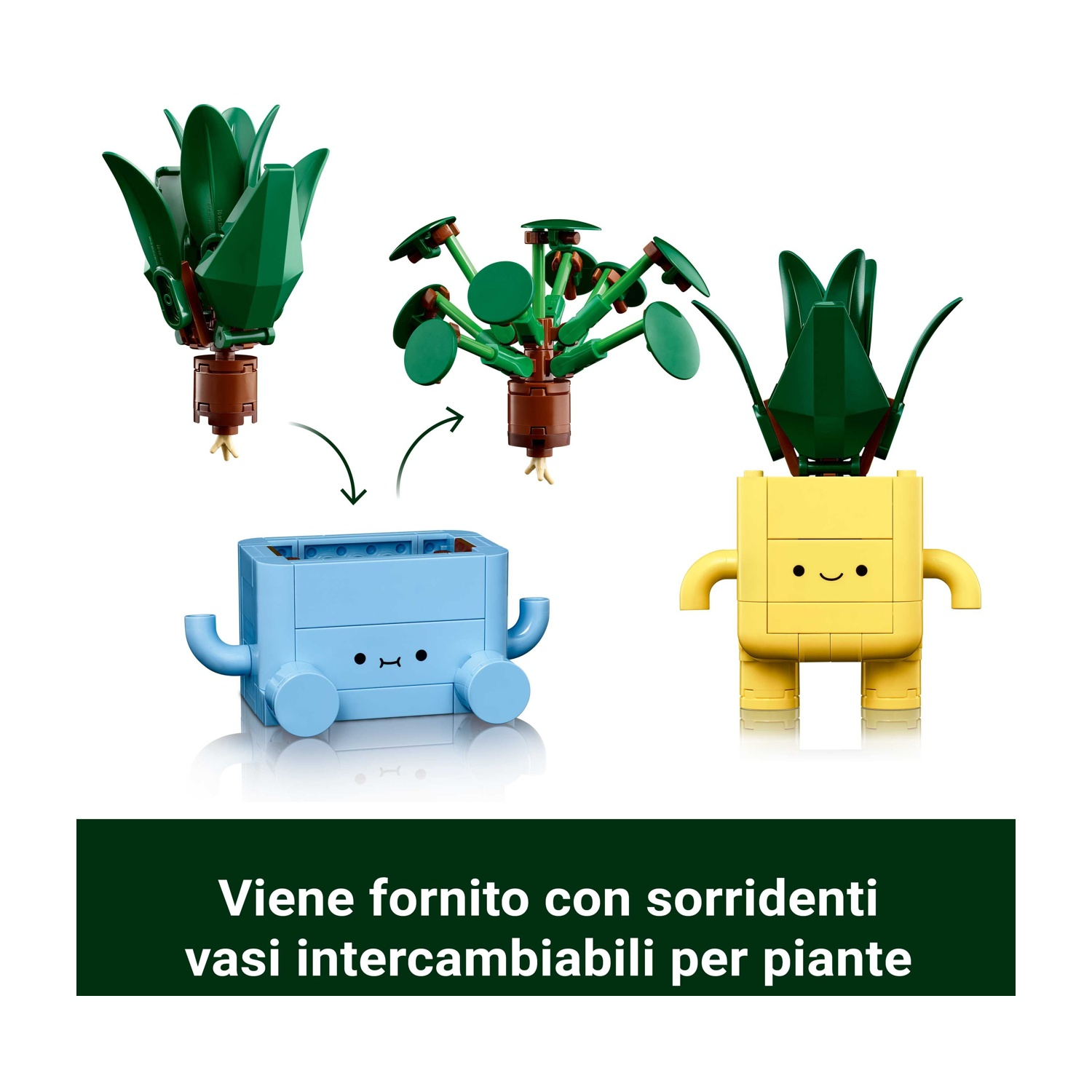 Tre figure di piante Lego: foglie verdi, foglie rotonde e un quadrato giallo. Sono intercambiabili con vasi blu e gialli.