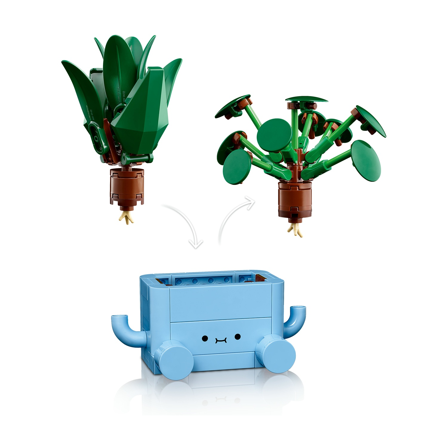 Set Lego: due costruzioni di piante sopra un contenitore blu. Le piante hanno foglie verdi e steli marroni. Il contenitore ha una faccia e tubi blu.